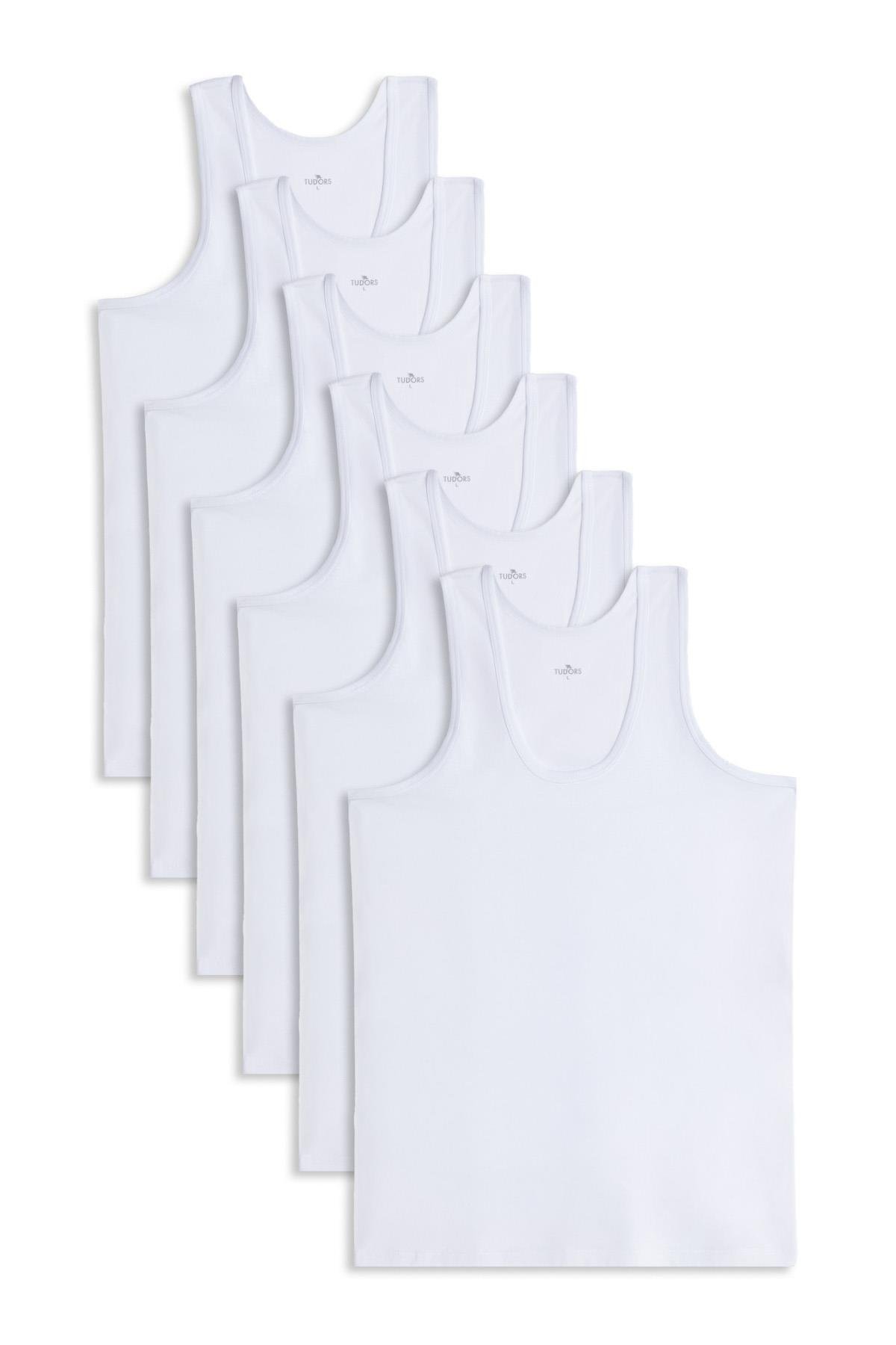 TUDORS 6 Adet Compact Penye Beyaz Erkek Atlet %100 Pamuk Standart Fit Normal Kesim 6'Lı Paket