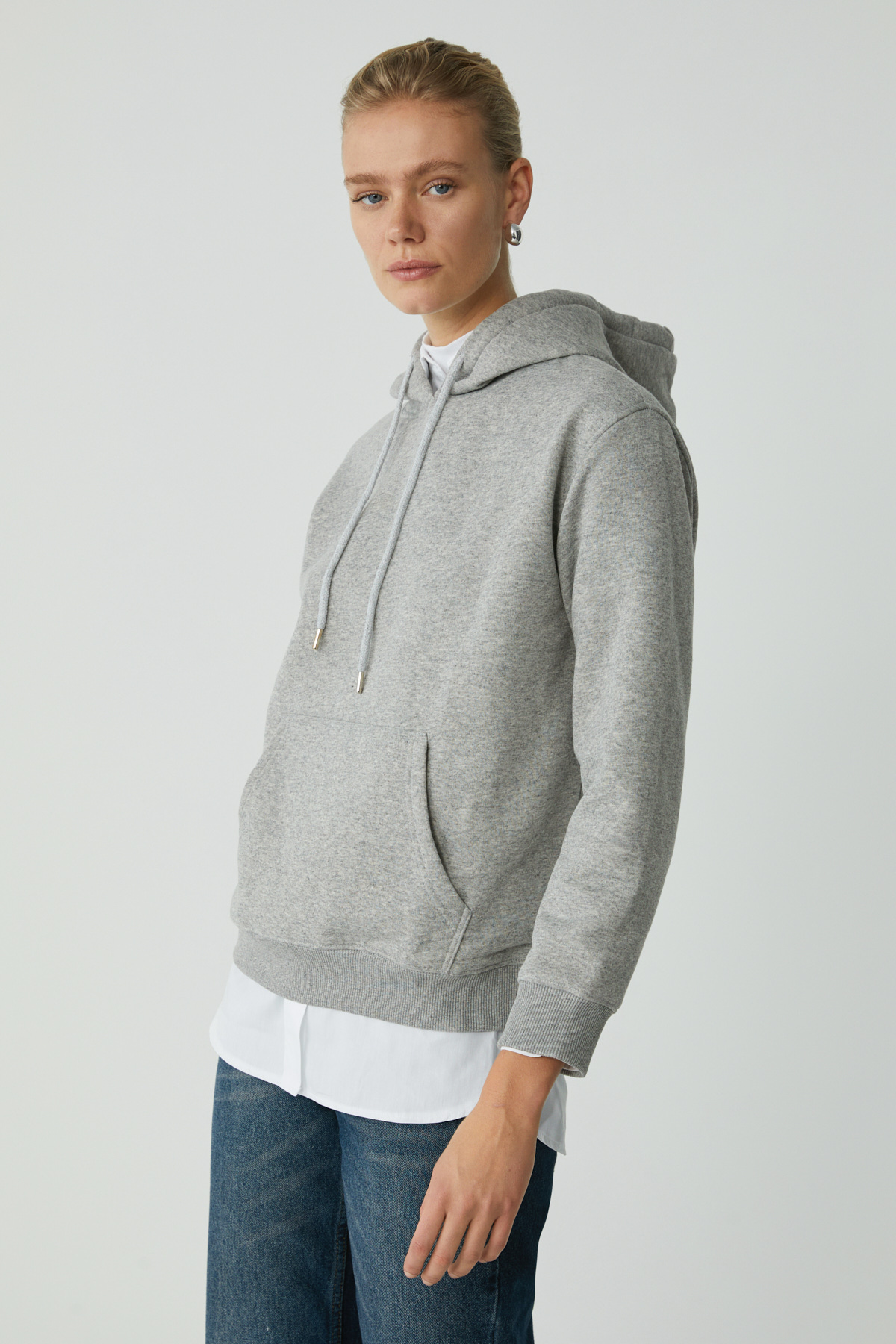 ETHIQUET ABELIA Kadın Pamuklu Içi Polarlı Yumuşacık Kalın Kumaşlı Kapüşonlu Örme Comfort GRİ MELANJ Sweatshir görsel 4