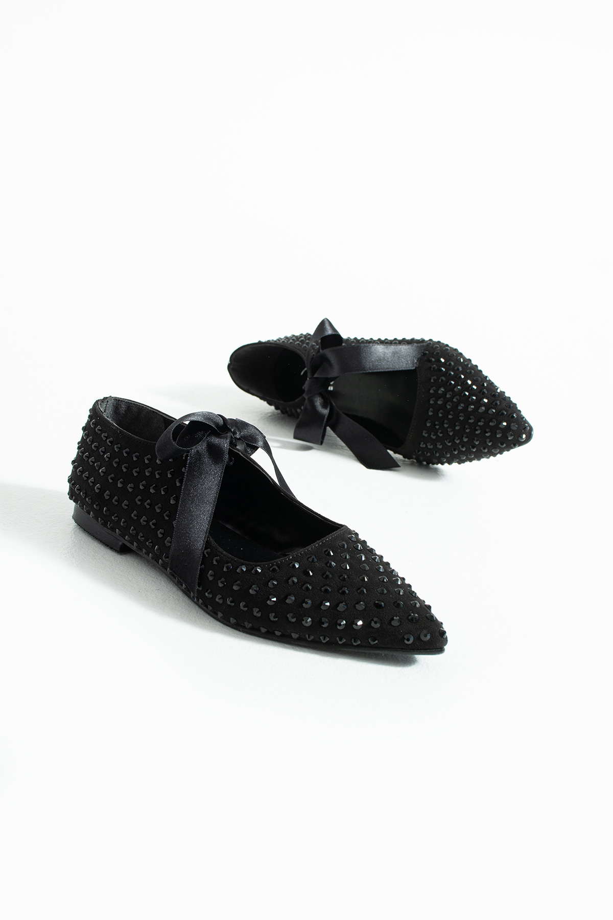 DUXAL SHOES Nina Siyah Sivri Burun Taşlı Kurdele Detaylı Kadın Babet görsel 3