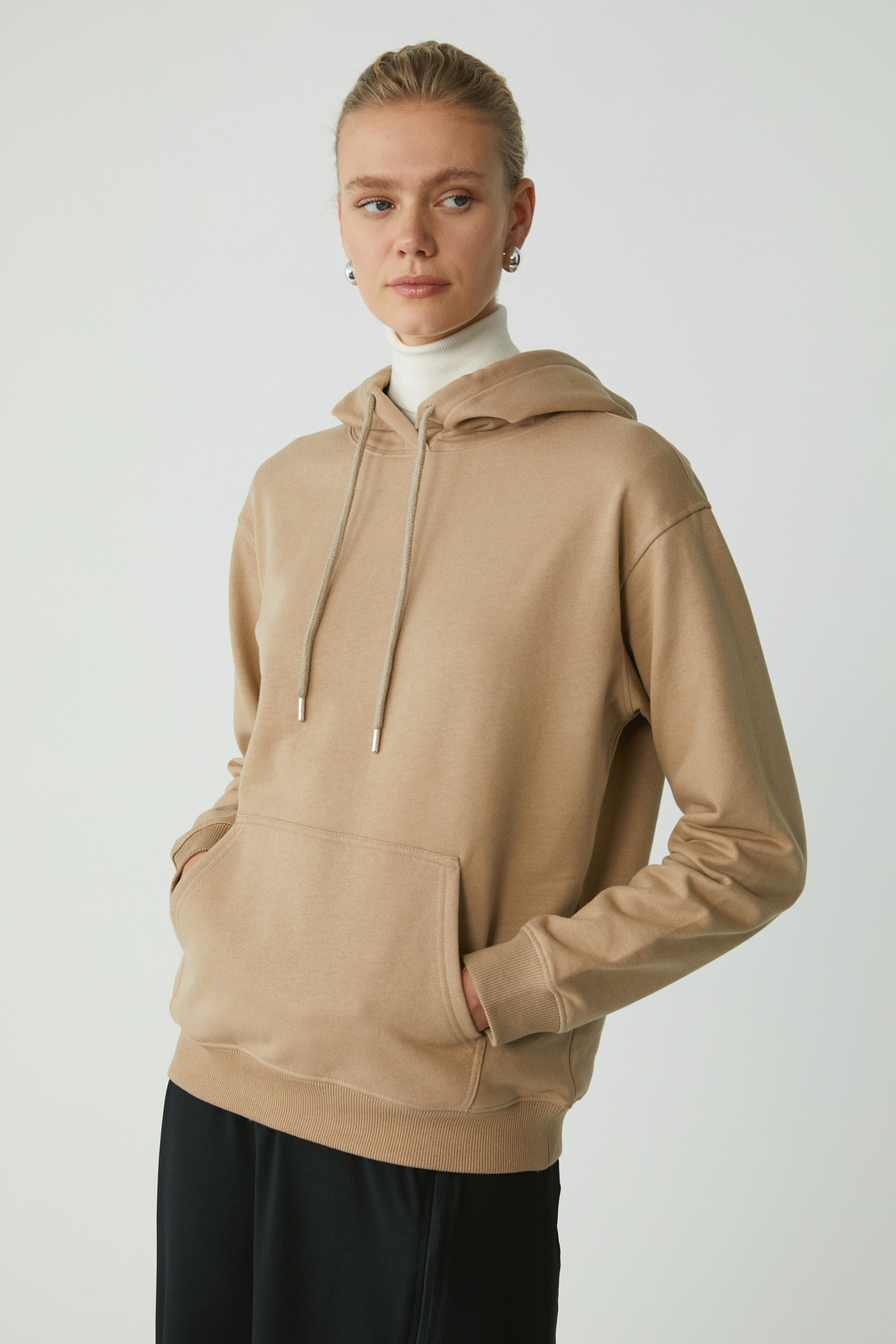 ETHIQUET ABELIA Kadın Pamuklu Içi Polarlı Yumuşacık Kalın Kumaşlı Kapüşonlu Örme Comfort VİZON Sweatshirt