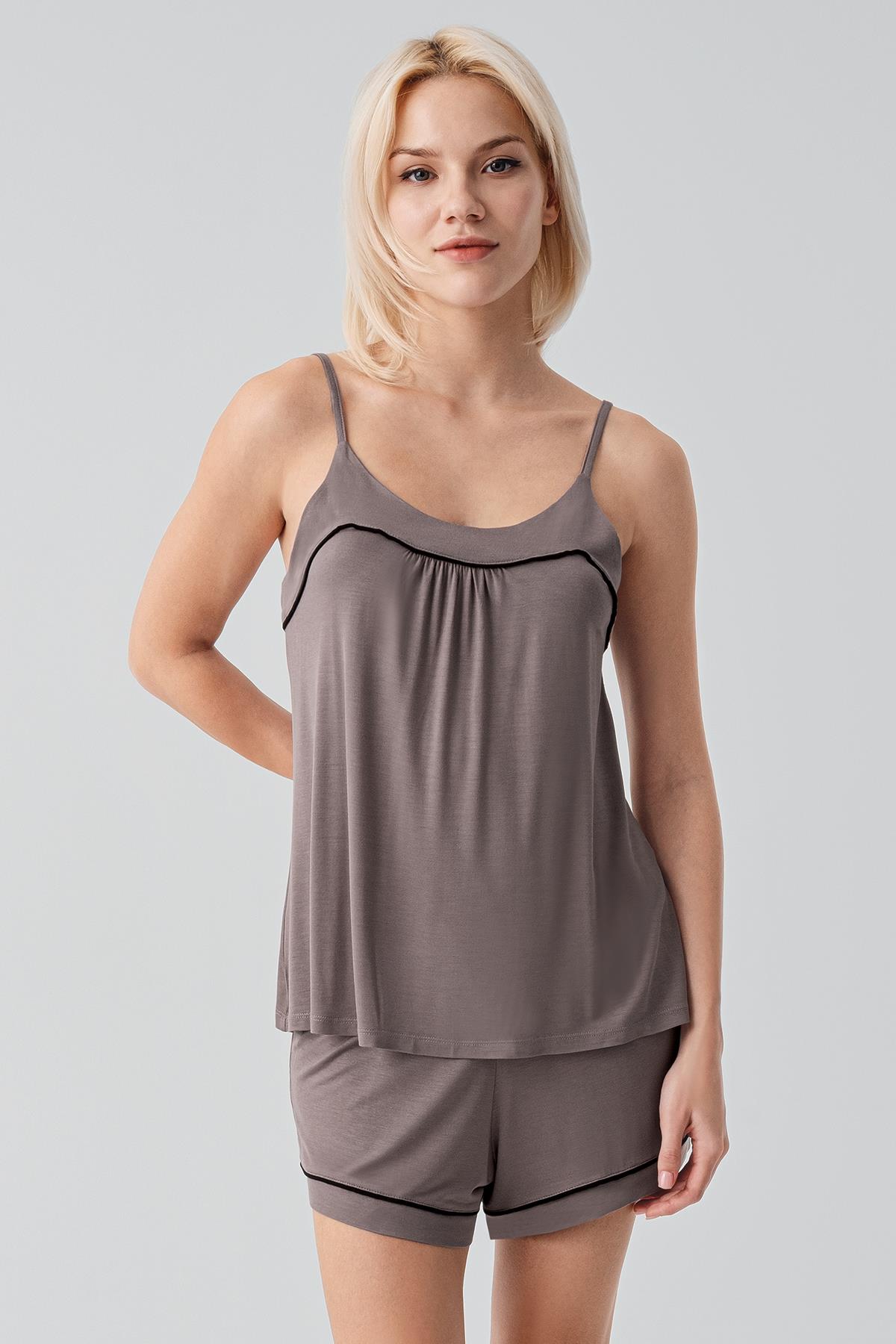 Artış Askılı Biyeli Elastanlı Esnek Viskoz Soft Şortlu Pijama Takım 19216 görsel 3