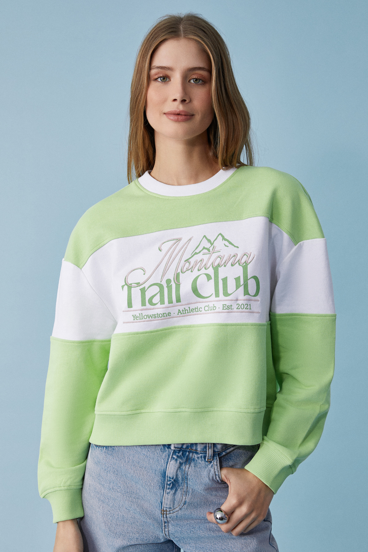 ETHIQUET PAYNE Kadın Bisiklet Yaka Oversize BEYAZ-YEŞİL Sweatshirt