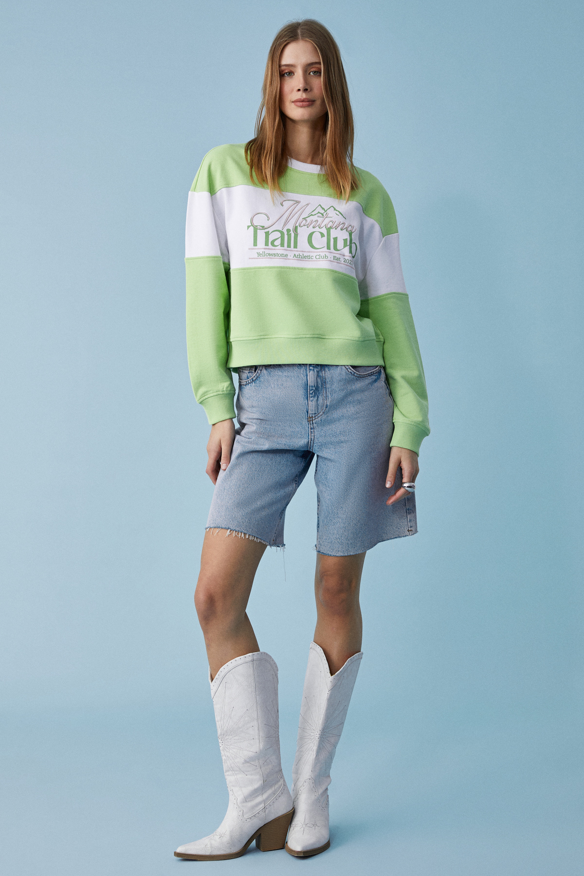 ETHIQUET PAYNE Kadın Bisiklet Yaka Oversize BEYAZ-YEŞİL Sweatshirt görsel 2