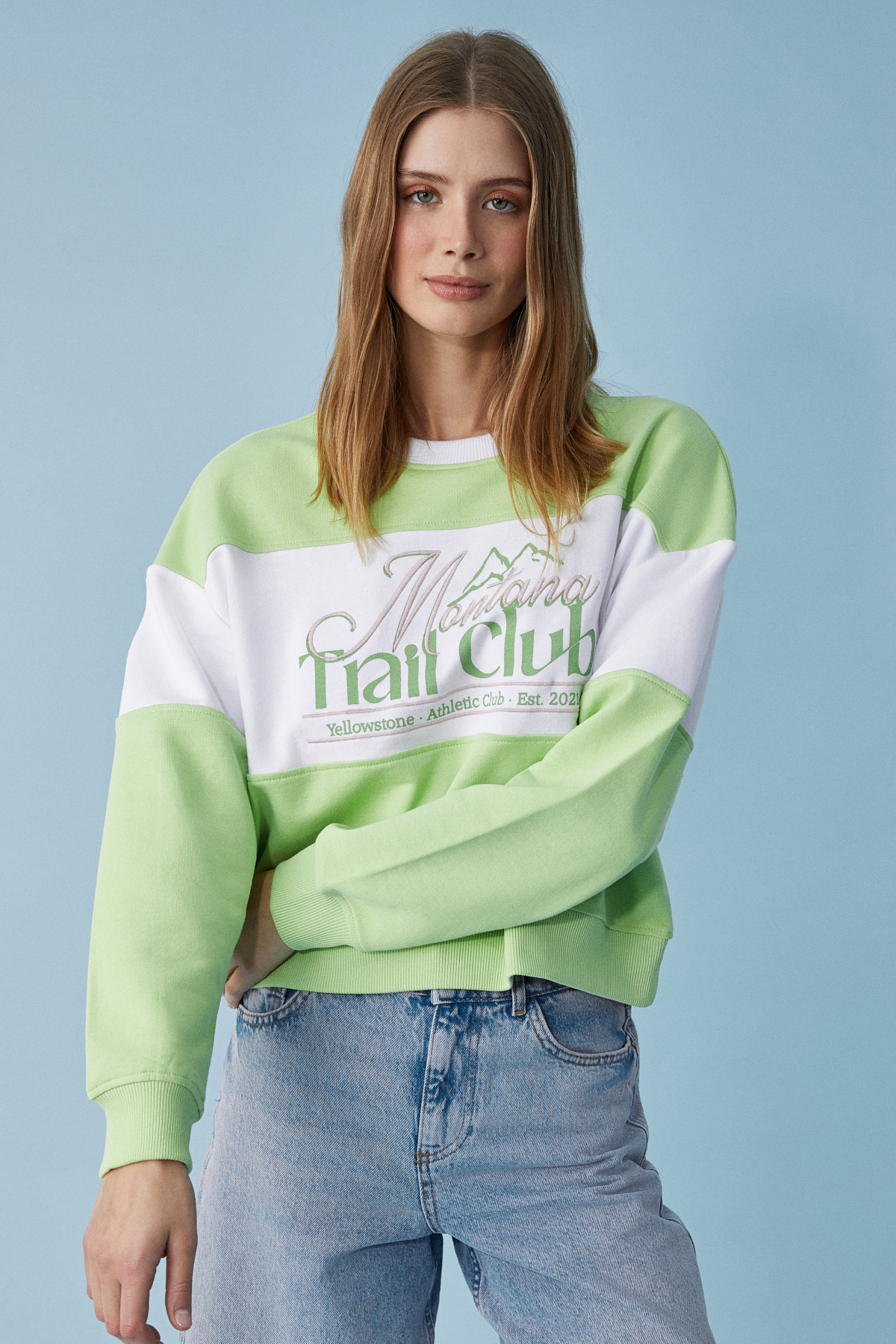 ETHIQUET PAYNE Kadın Bisiklet Yaka Oversize BEYAZ-YEŞİL Sweatshirt görsel 3