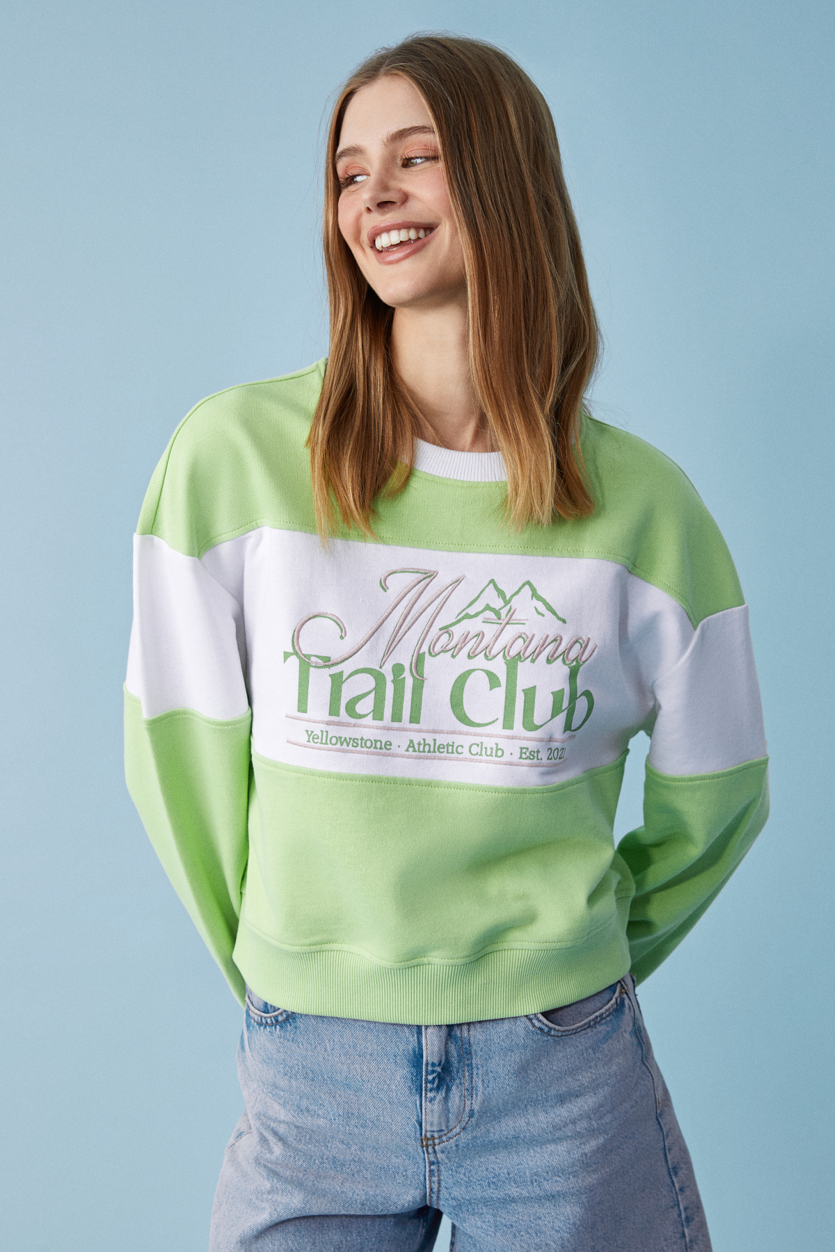 ETHIQUET PAYNE Kadın Bisiklet Yaka Oversize BEYAZ-YEŞİL Sweatshirt görsel 4