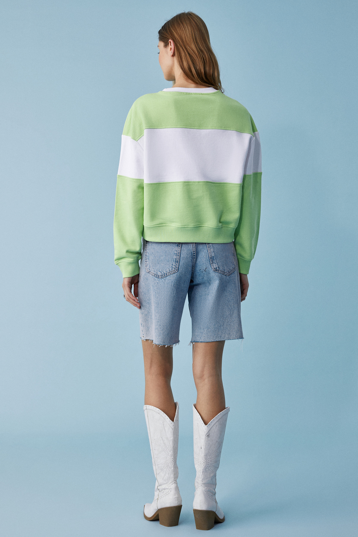 ETHIQUET PAYNE Kadın Bisiklet Yaka Oversize BEYAZ-YEŞİL Sweatshirt görsel 5