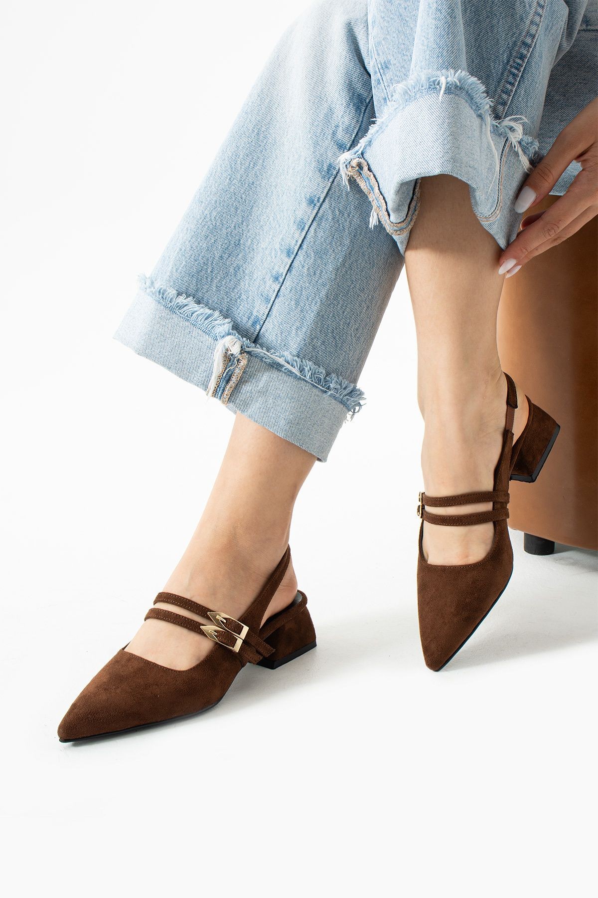 DUXAL SHOES Yolanda Kadın Kahverengi Süet Çift Toka Detaylı Kısa Topuklu Ayakkabı- Babet görsel 4