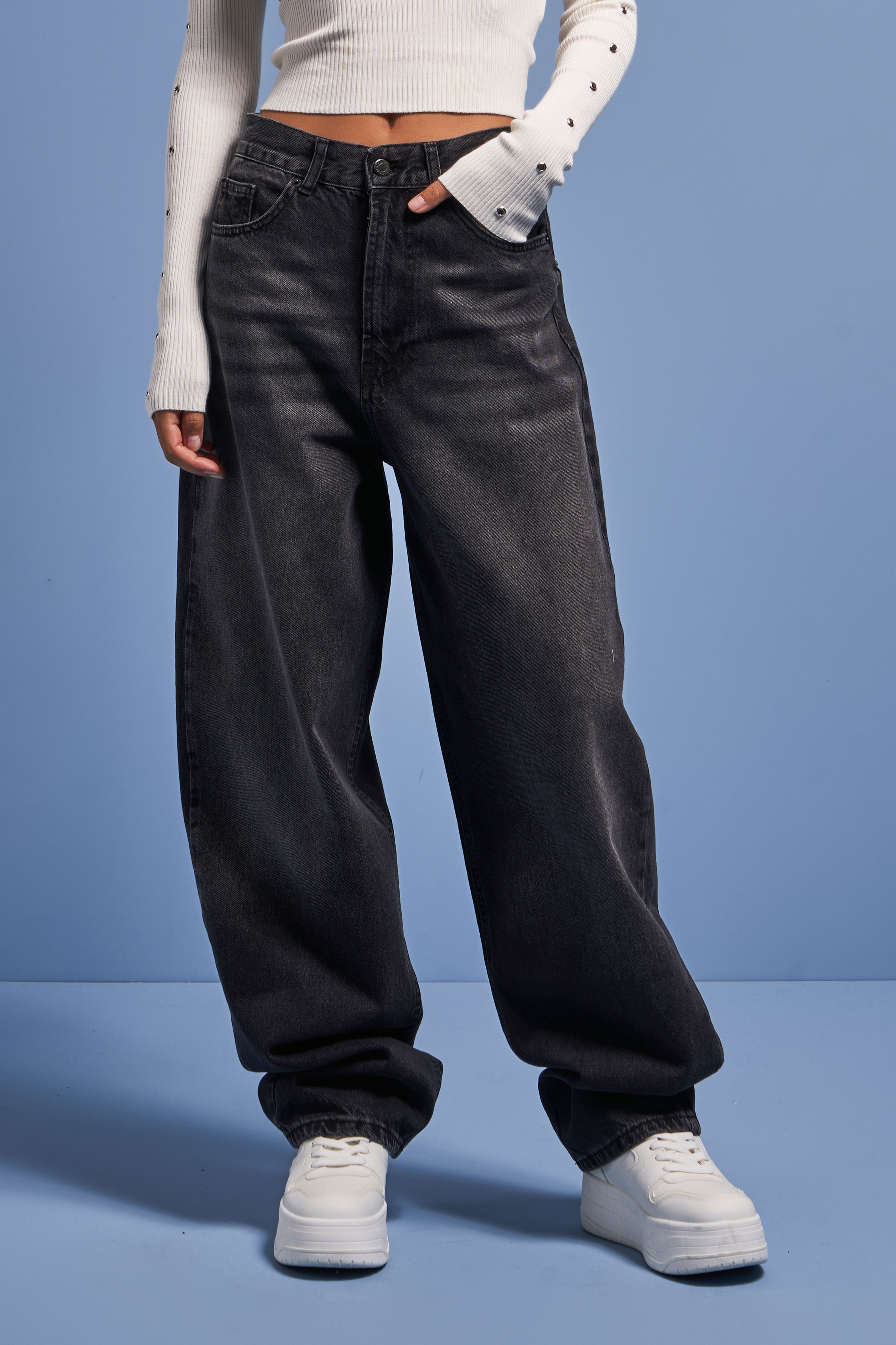 It's Basic Kadın Koyu Füme Renk Cindy 2w41 Skater Fit Bol Kesim Denim Jean