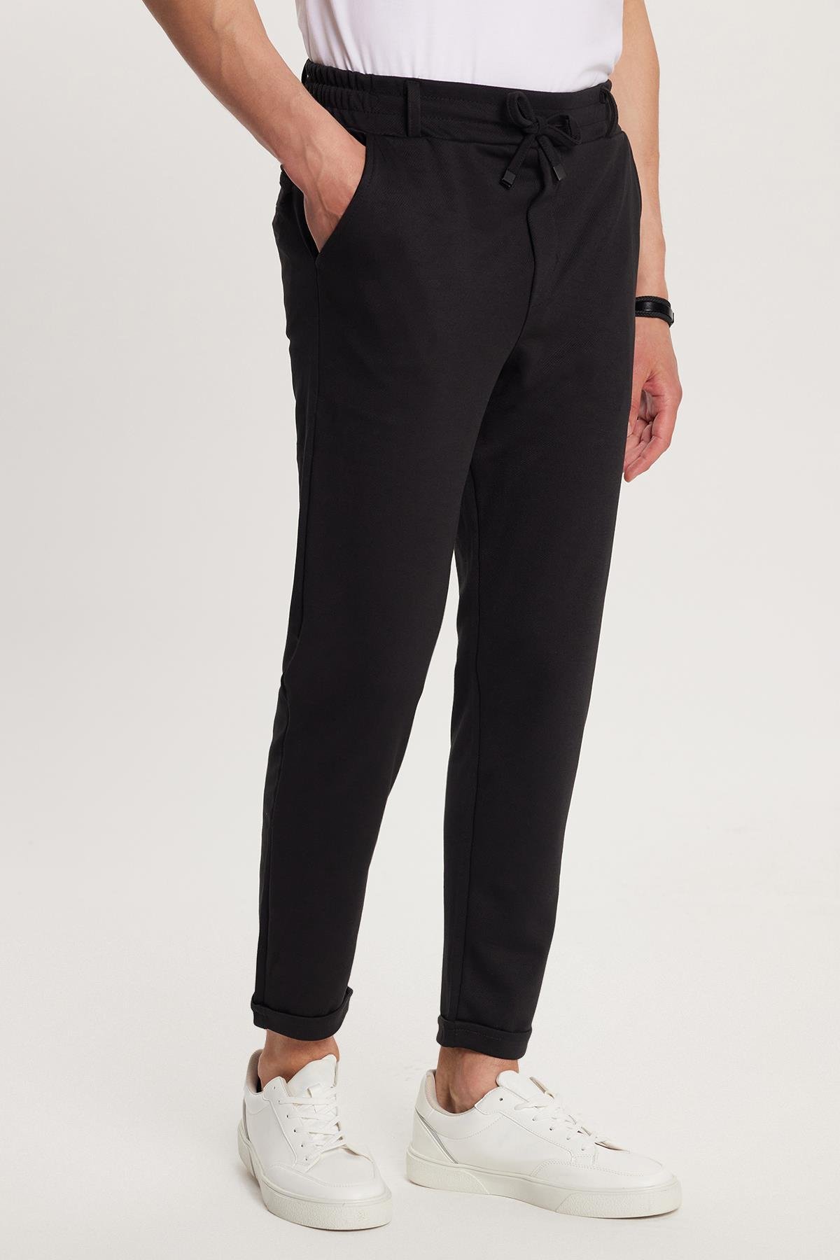 TUDORS Erkek Slim Fit Pamuklu Beli Bağlamalı Yan Cepli Katlamalı Paça Jogger Siyah Pantolon