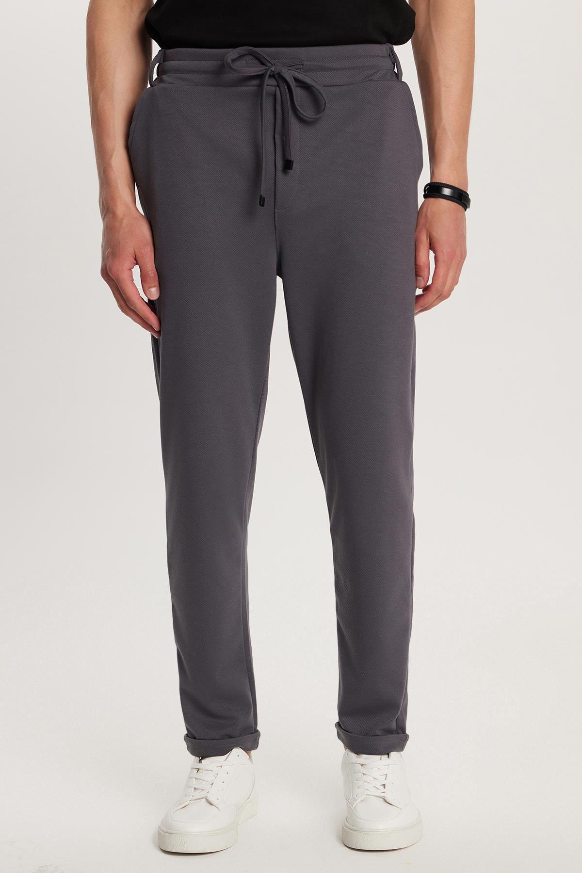 TUDORS Erkek Slim Fit Pamuklu Beli Bağlamalı Yan Cepli Katlamalı Paça Jogger Antrasit Pantolon