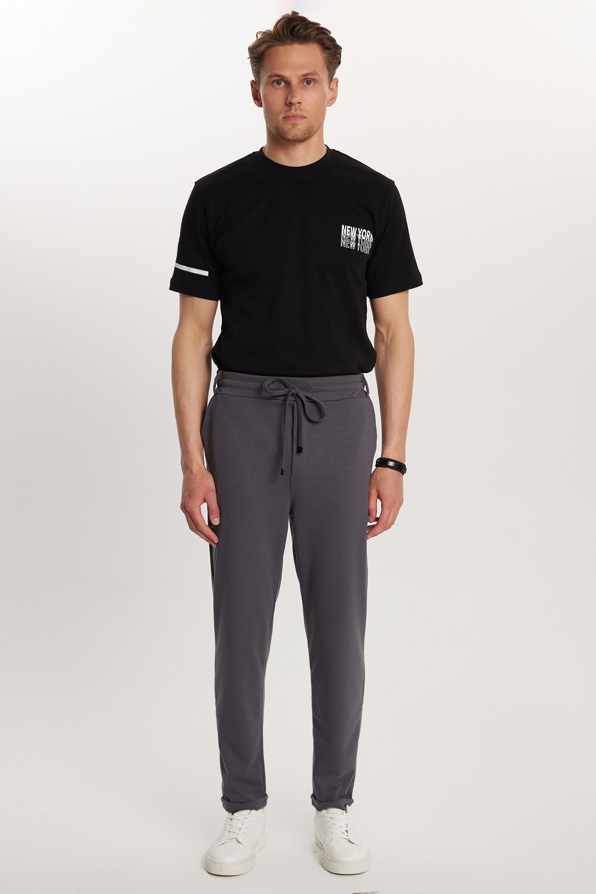TUDORS Erkek Slim Fit Pamuklu Beli Bağlamalı Yan Cepli Katlamalı Paça Jogger Antrasit Pantolon görsel 3
