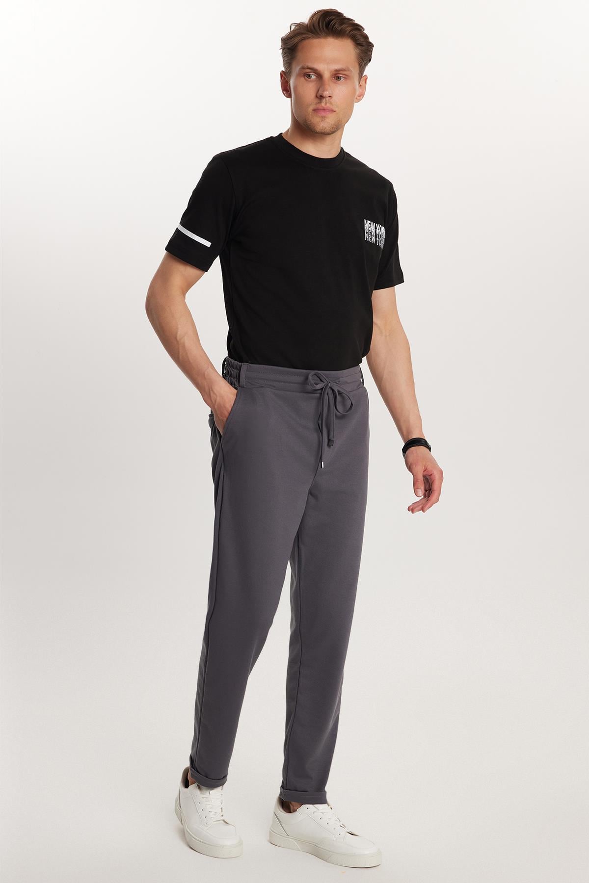 TUDORS Erkek Slim Fit Pamuklu Beli Bağlamalı Yan Cepli Katlamalı Paça Jogger Antrasit Pantolon görsel 4