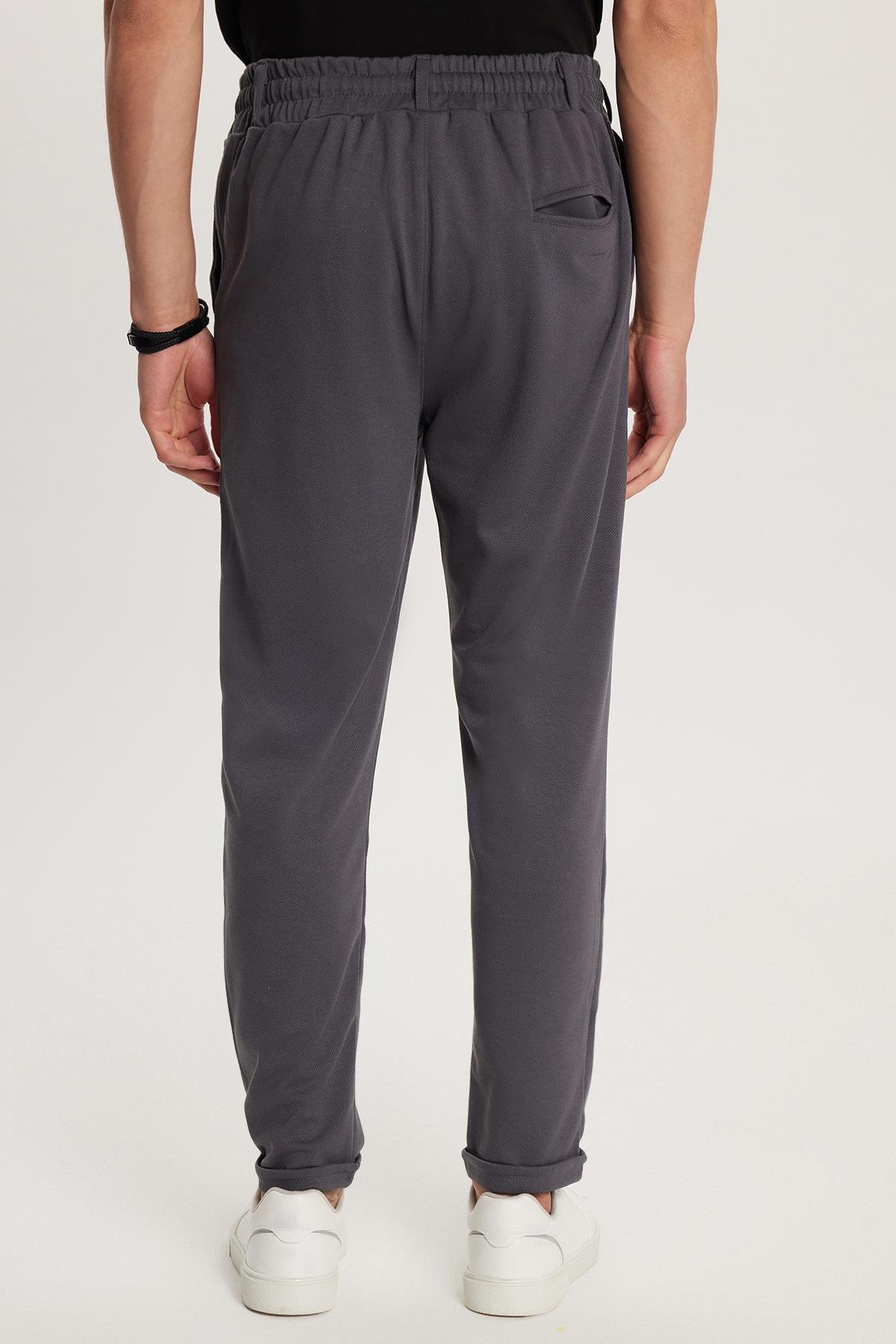 TUDORS Erkek Slim Fit Pamuklu Beli Bağlamalı Yan Cepli Katlamalı Paça Jogger Antrasit Pantolon görsel 5