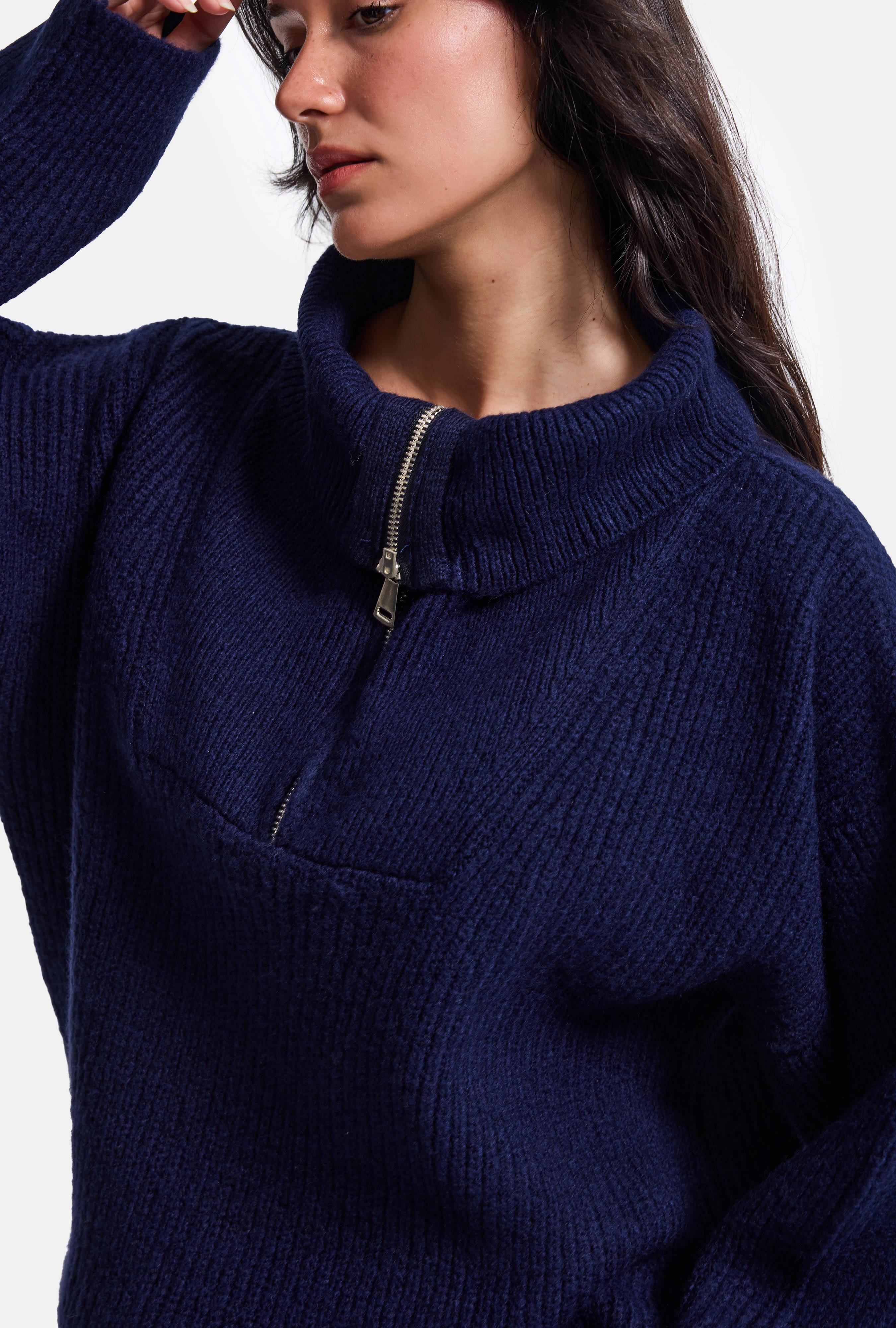 It's Basic Kadın Lacivert w6-56 Oversize Fermuarlı Triko Kazak