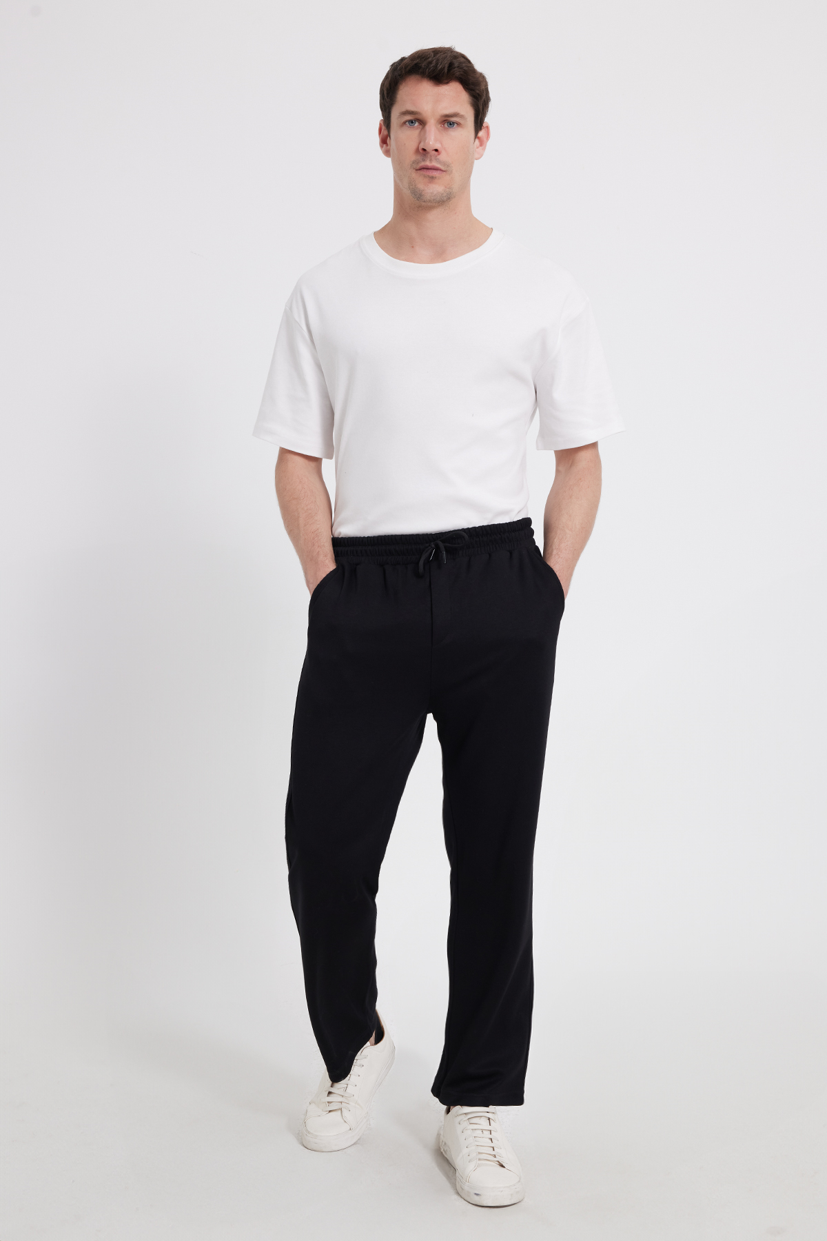 TUDORS Erkek Siyah Baggy Fit Rahat Kesim Modal Kumaş Soft Doku Beli Bağcıklı Yan Cepli Eşofman Altı görsel 4