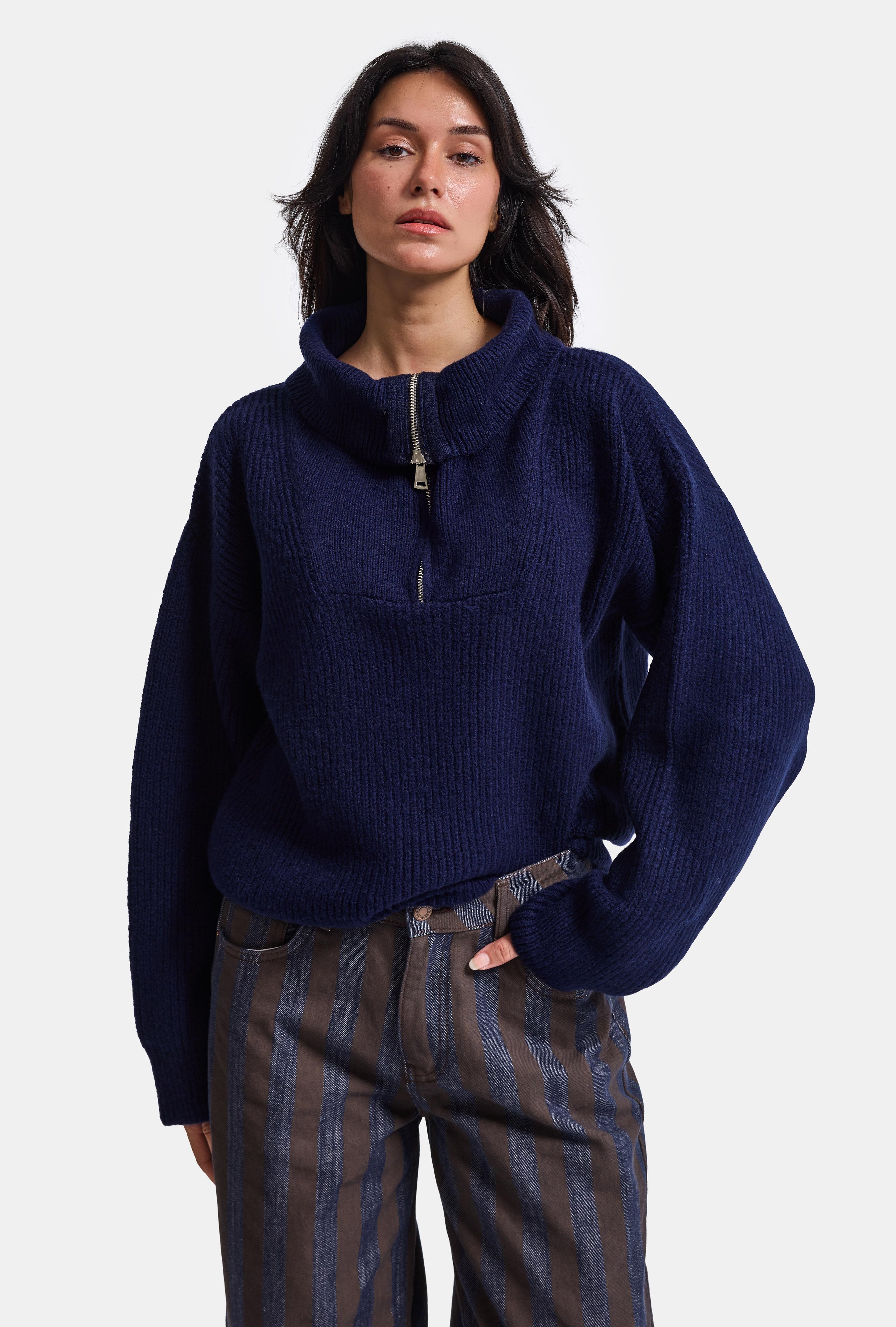 It's Basic Kadın Lacivert w6-56 Oversize Fermuarlı Triko Kazak görsel 4