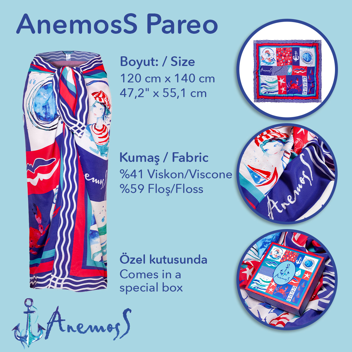 Anemoss Harmoni Viskon Pareo Lacivert 120*140 cm görsel 5
