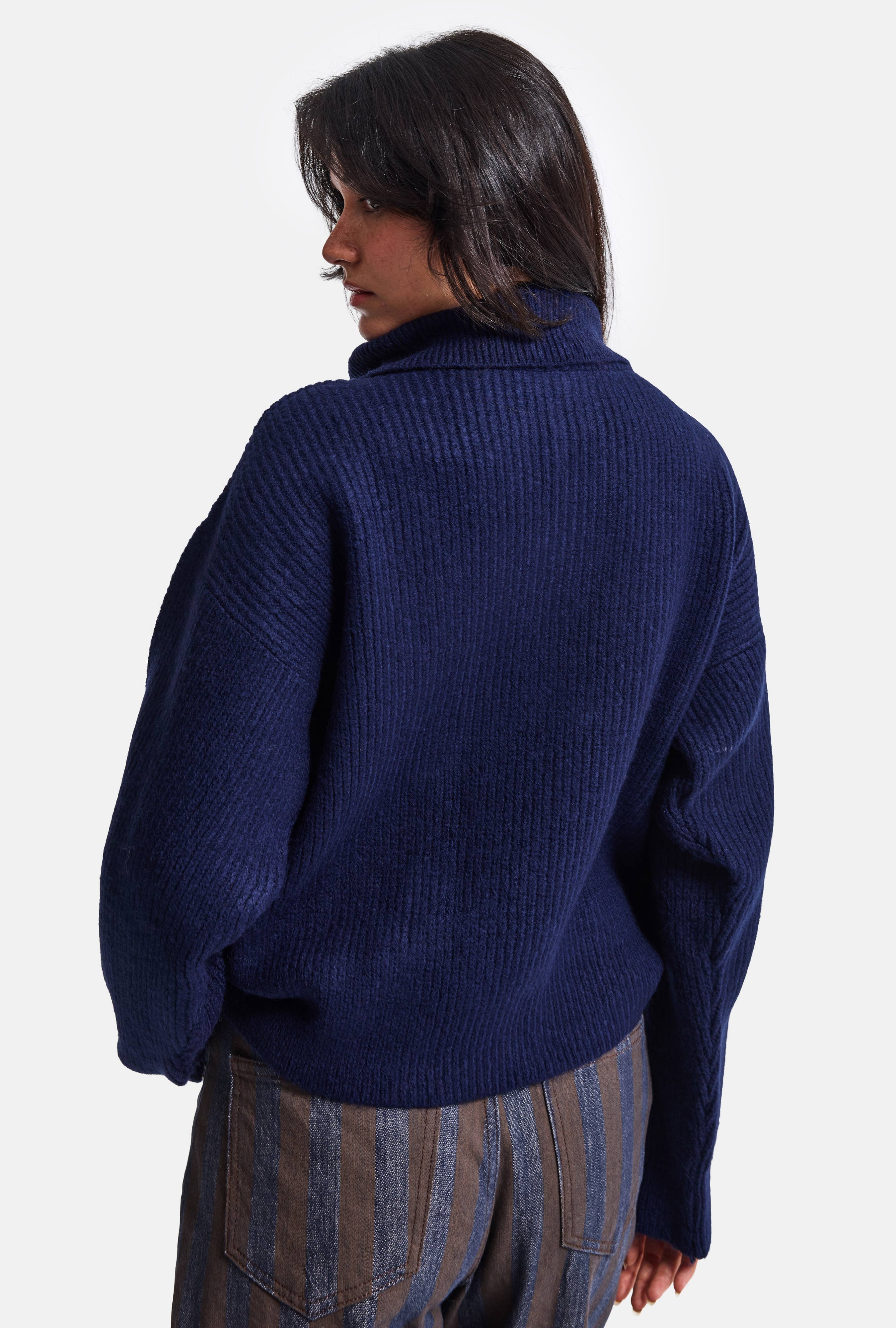 It's Basic Kadın Lacivert w6-56 Oversize Fermuarlı Triko Kazak görsel 6