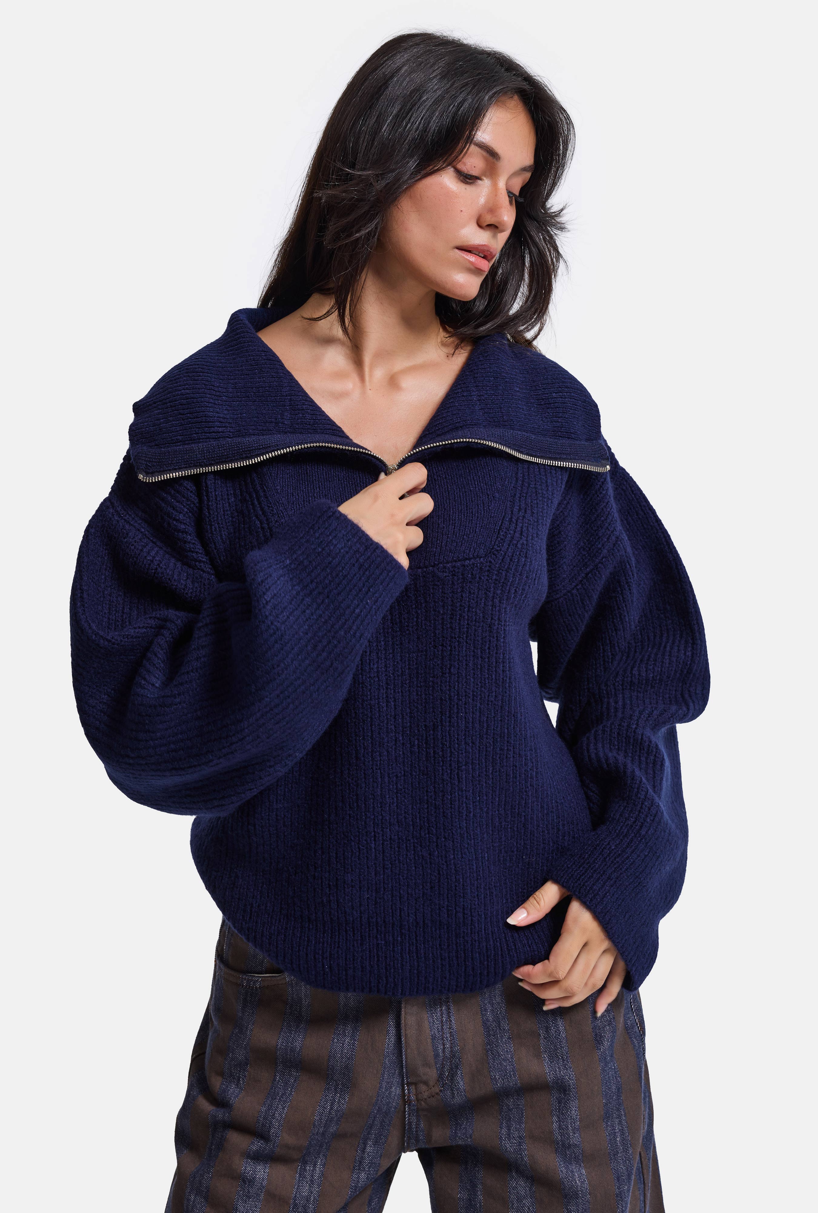 It's Basic Kadın Lacivert w6-56 Oversize Fermuarlı Triko Kazak görsel 7