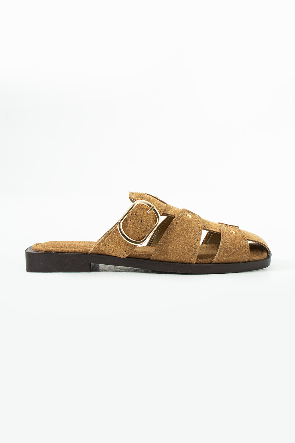 DUXAL SHOES Lena Kadın Süet Gold Tokalı Kafes Tasarım Küt Burun Terlik