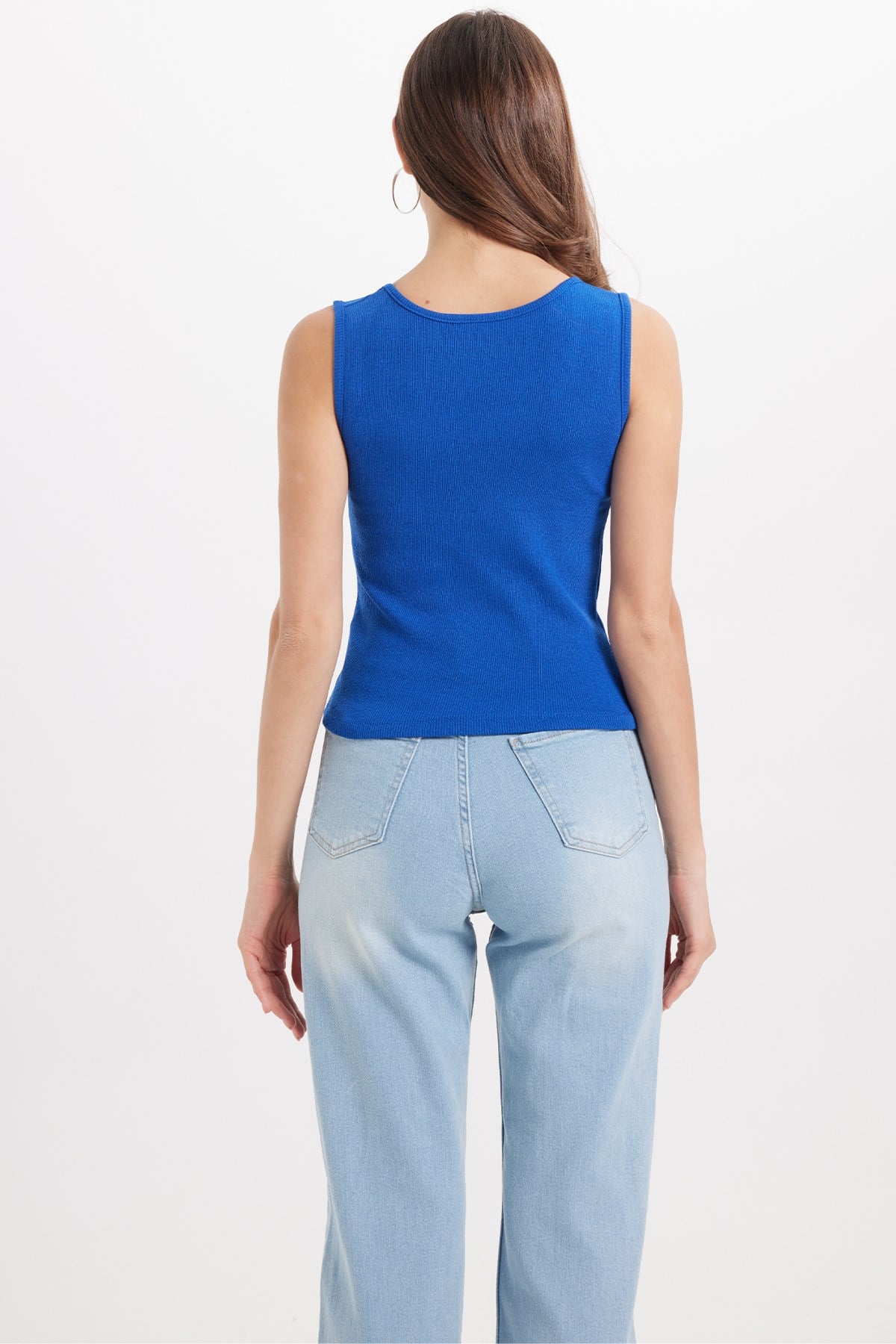 TUDORS Kadın Slim Fit Dar Kesim Askılı Kare Yaka Pamuklu Saks Mavi Crop Atlet görsel 7