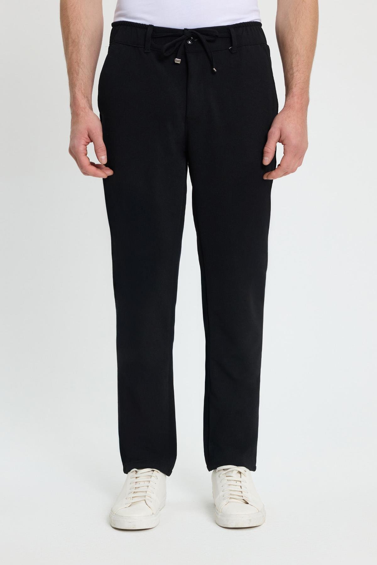 TUDORS Erkek Slim Fit Dar Kesim Beli Lastikli Bağcık Detaylı Siyah Pantolon