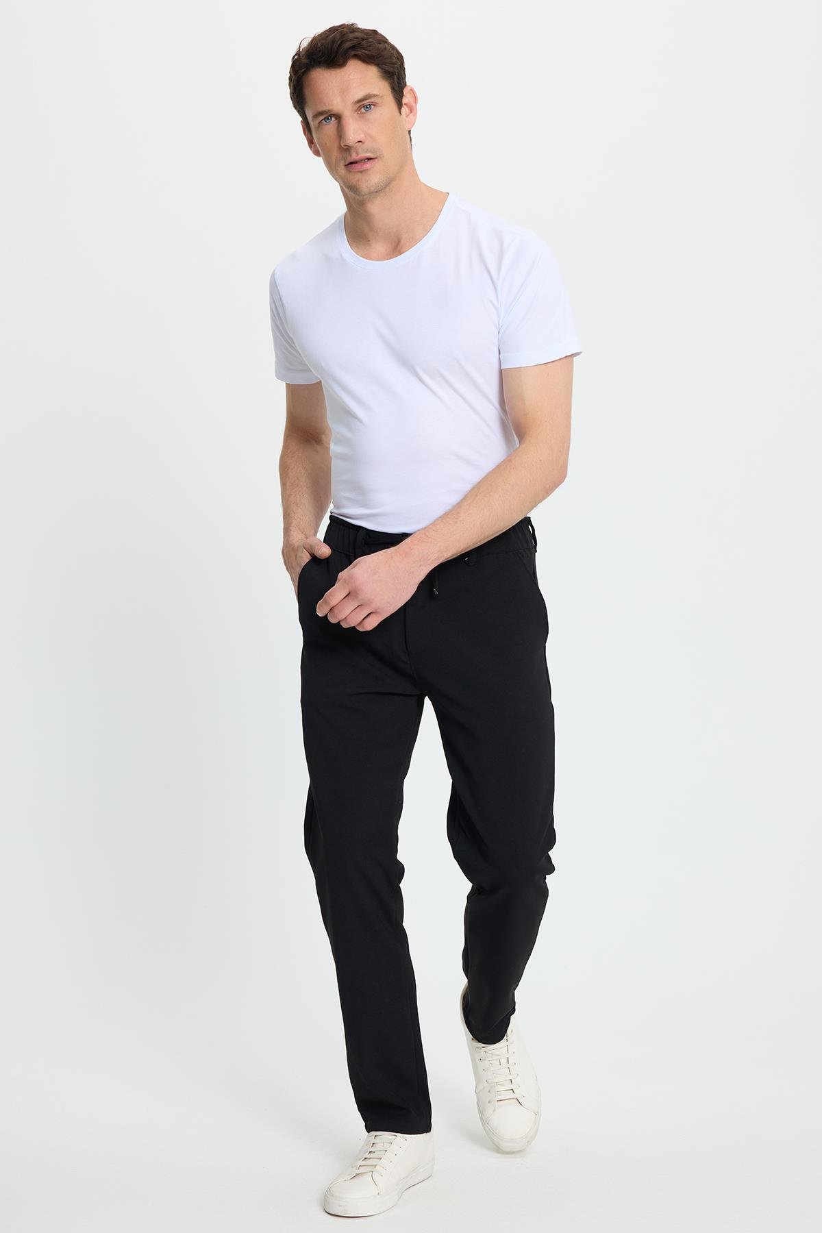 TUDORS Erkek Slim Fit Dar Kesim Beli Lastikli Bağcık Detaylı Siyah Pantolon görsel 2