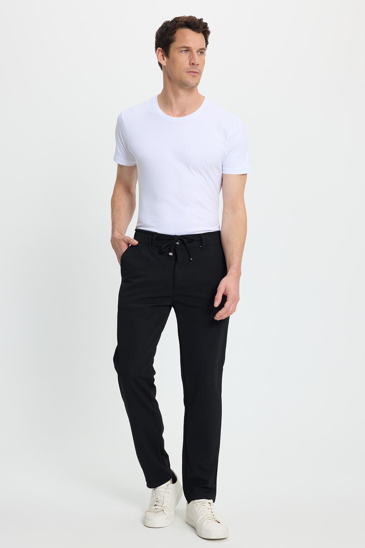 TUDORS Erkek Slim Fit Dar Kesim Beli Lastikli Bağcık Detaylı Siyah Pantolon görsel 3