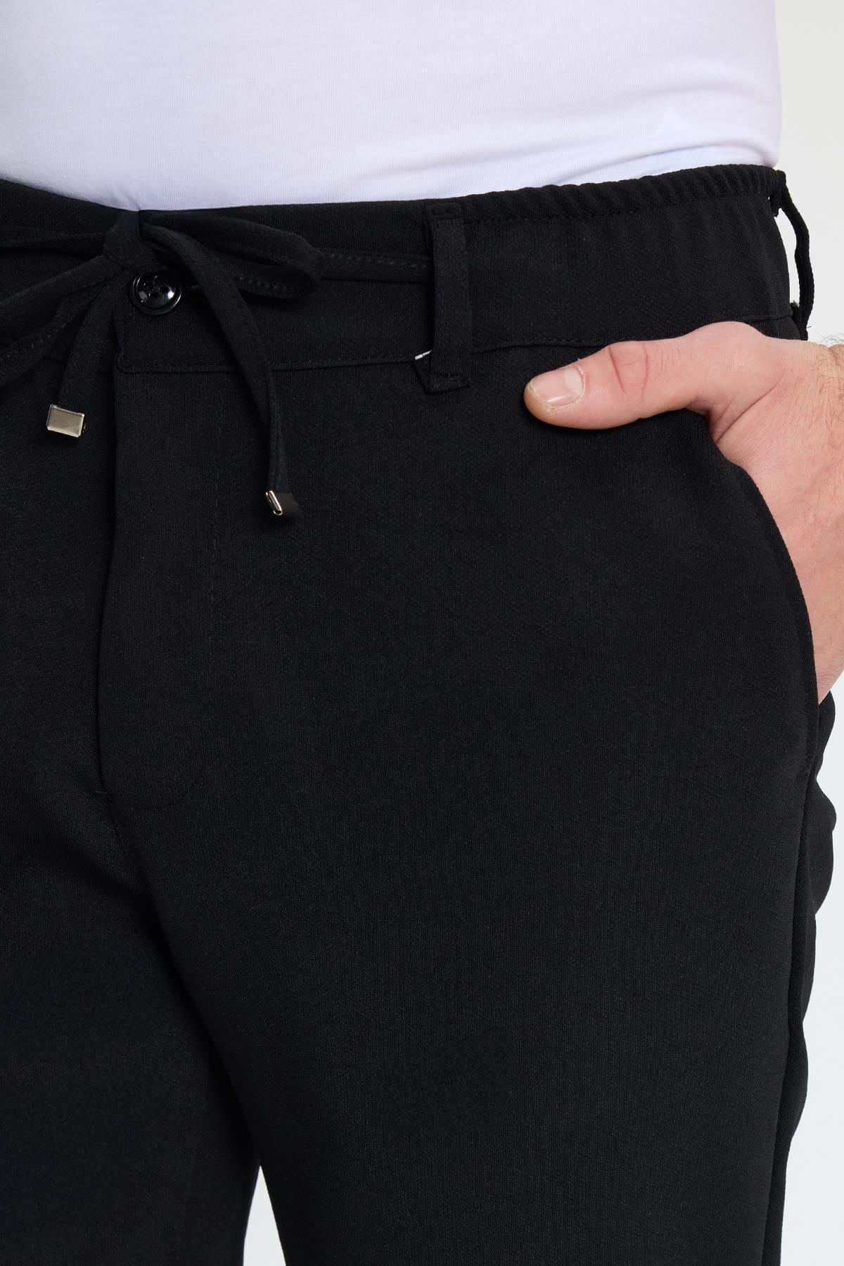 TUDORS Erkek Slim Fit Dar Kesim Beli Lastikli Bağcık Detaylı Siyah Pantolon görsel 4