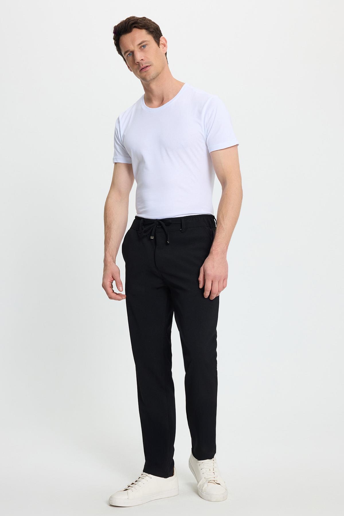 TUDORS Erkek Slim Fit Dar Kesim Beli Lastikli Bağcık Detaylı Siyah Pantolon görsel 5