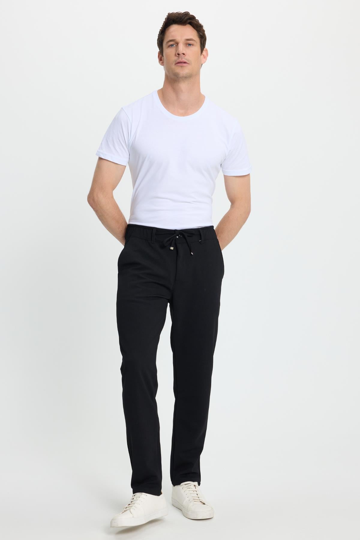 TUDORS Erkek Slim Fit Dar Kesim Beli Lastikli Bağcık Detaylı Siyah Pantolon görsel 6