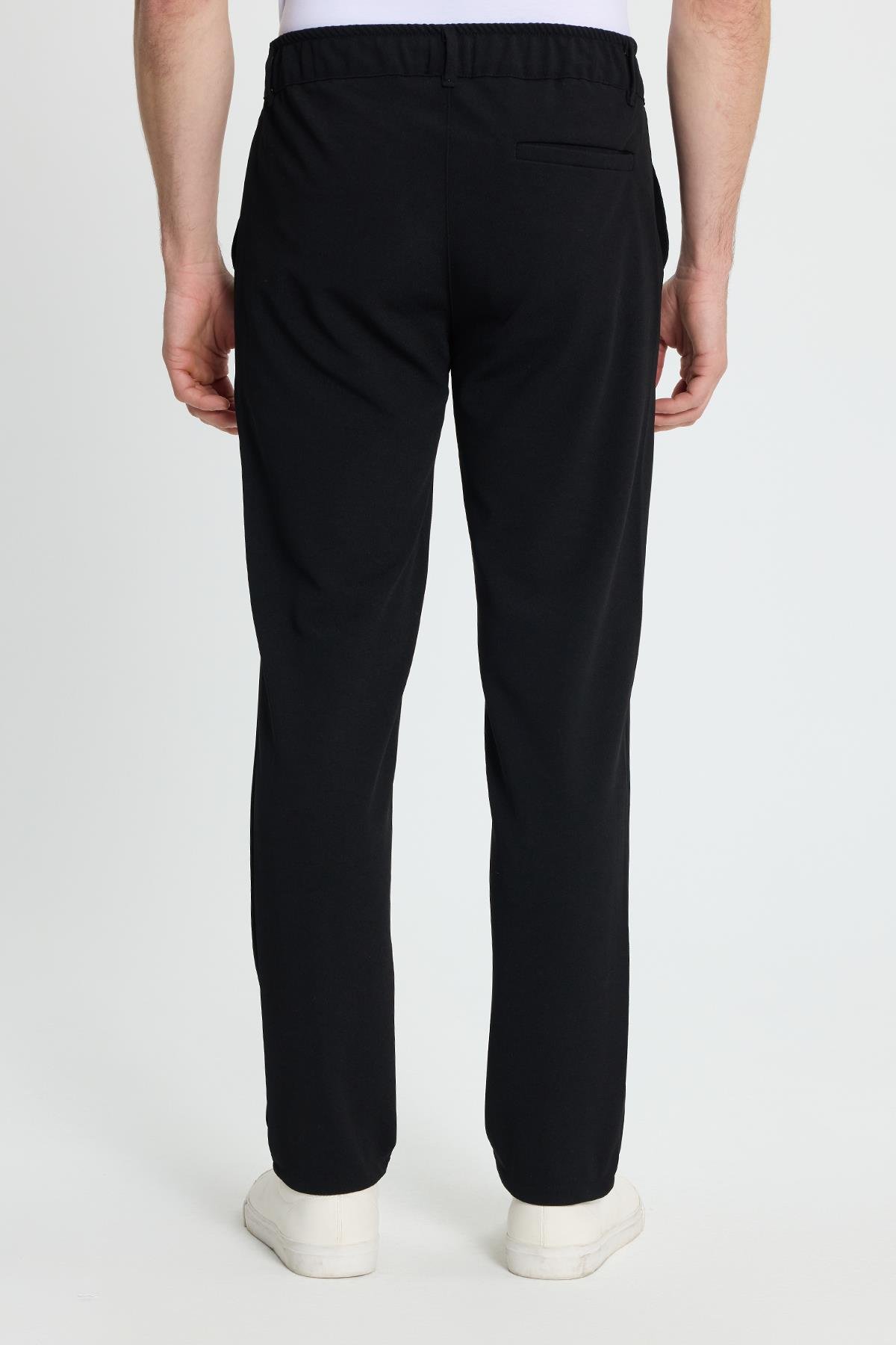 TUDORS Erkek Slim Fit Dar Kesim Beli Lastikli Bağcık Detaylı Siyah Pantolon görsel 8