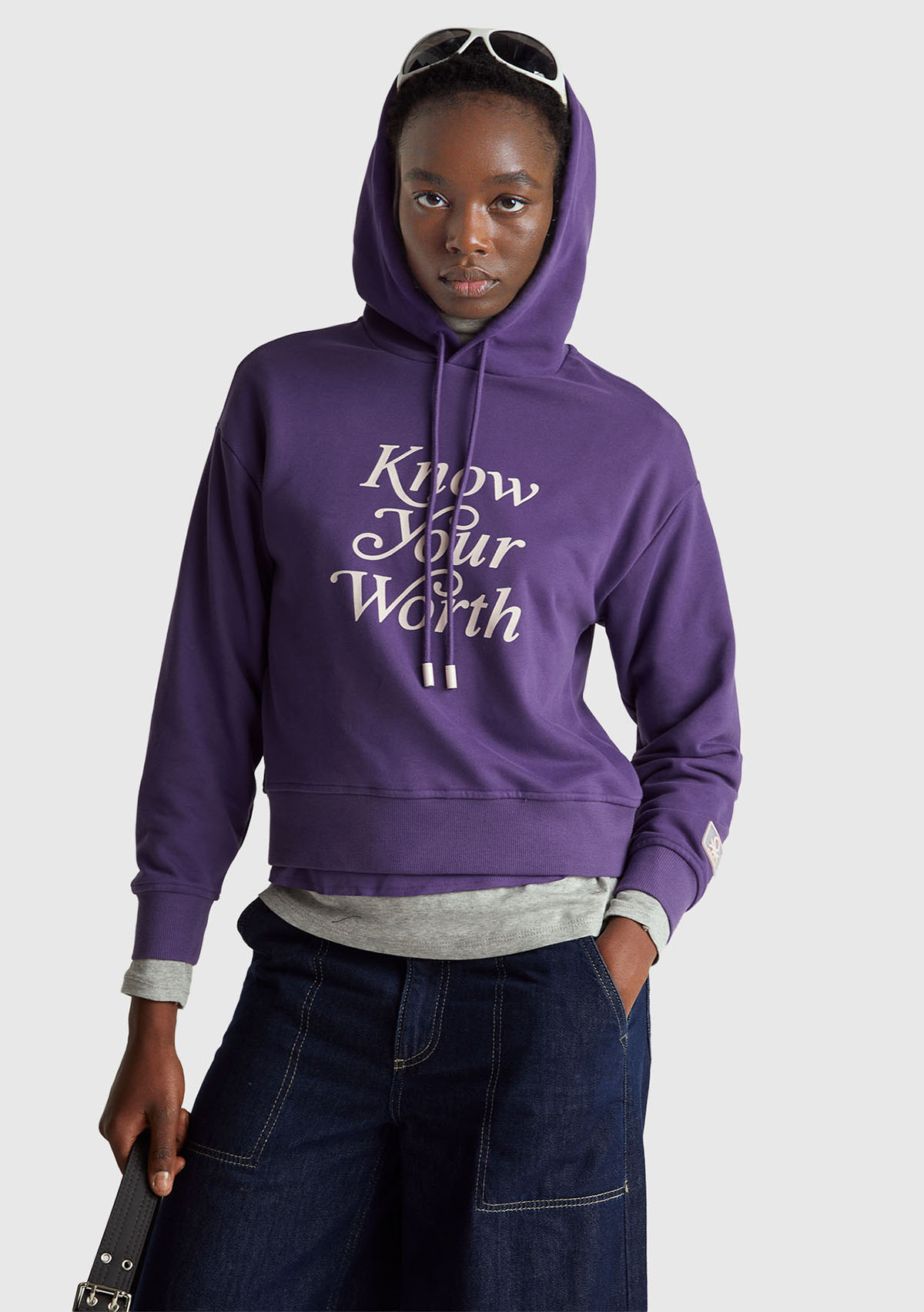 United Colors Of Benetton Kadın Mor Pamuk Karışımlı Önü Yazı Baskılı Kapüşonlu Sweatshirt
