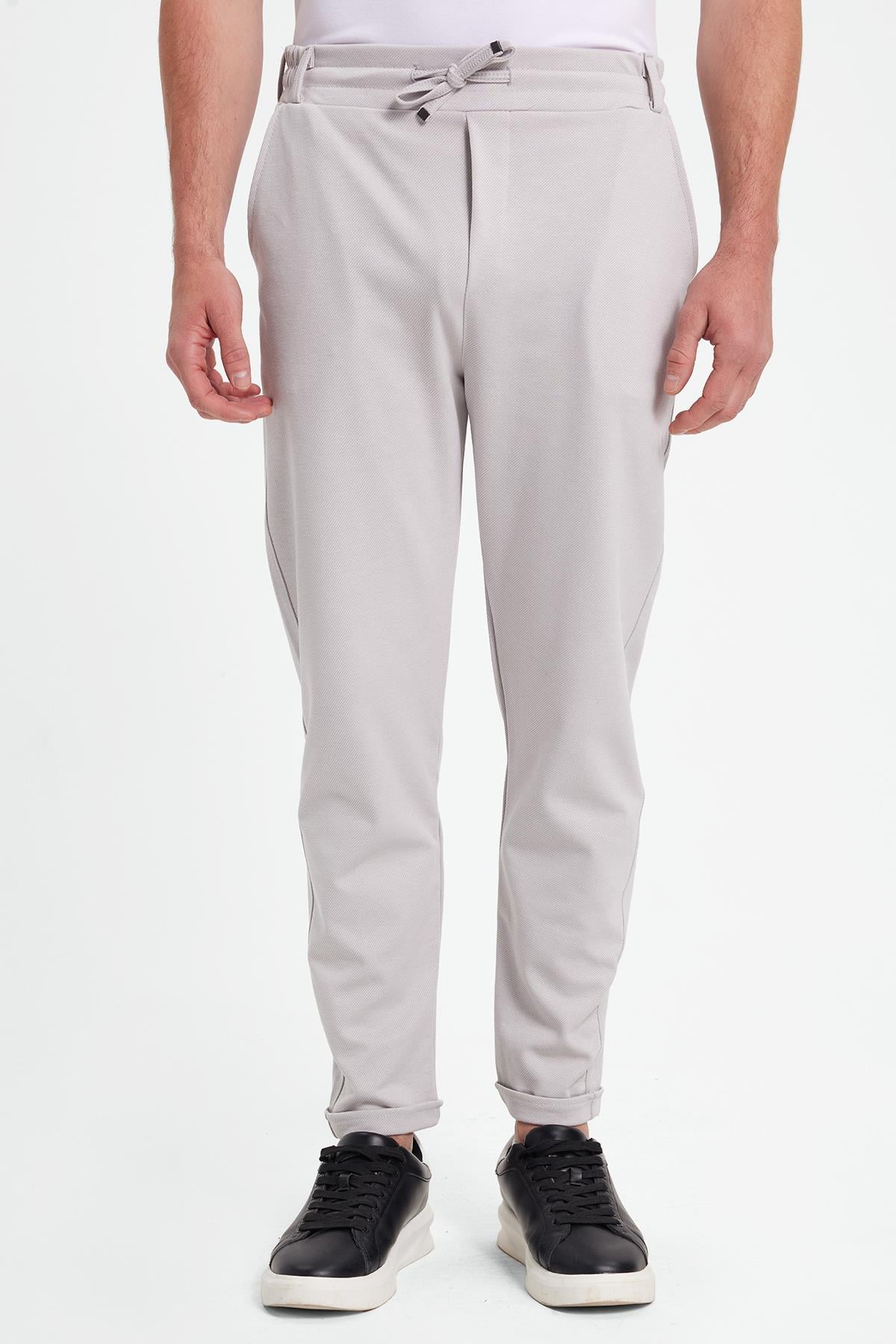 TUDORS Erkek Slim Fit Pamuklu Beli Bağlamalı Yan Cepli Katlamalı Paça Jogger Gri Pantolon