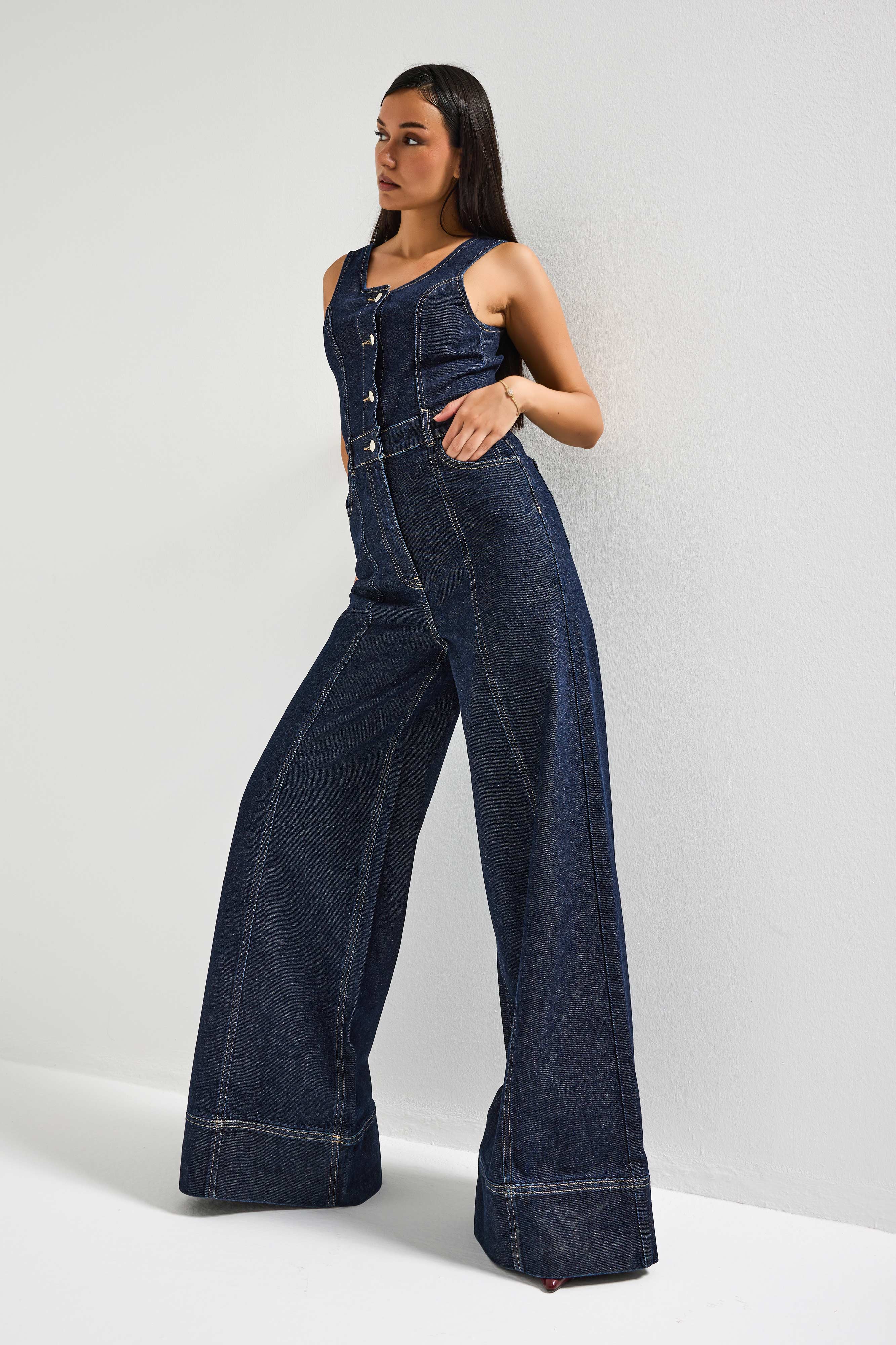 It's Basic Kadın İndigo Renk 7S6-50 Palazzo Fit %100 Pamuk Denim Salopet Tulum