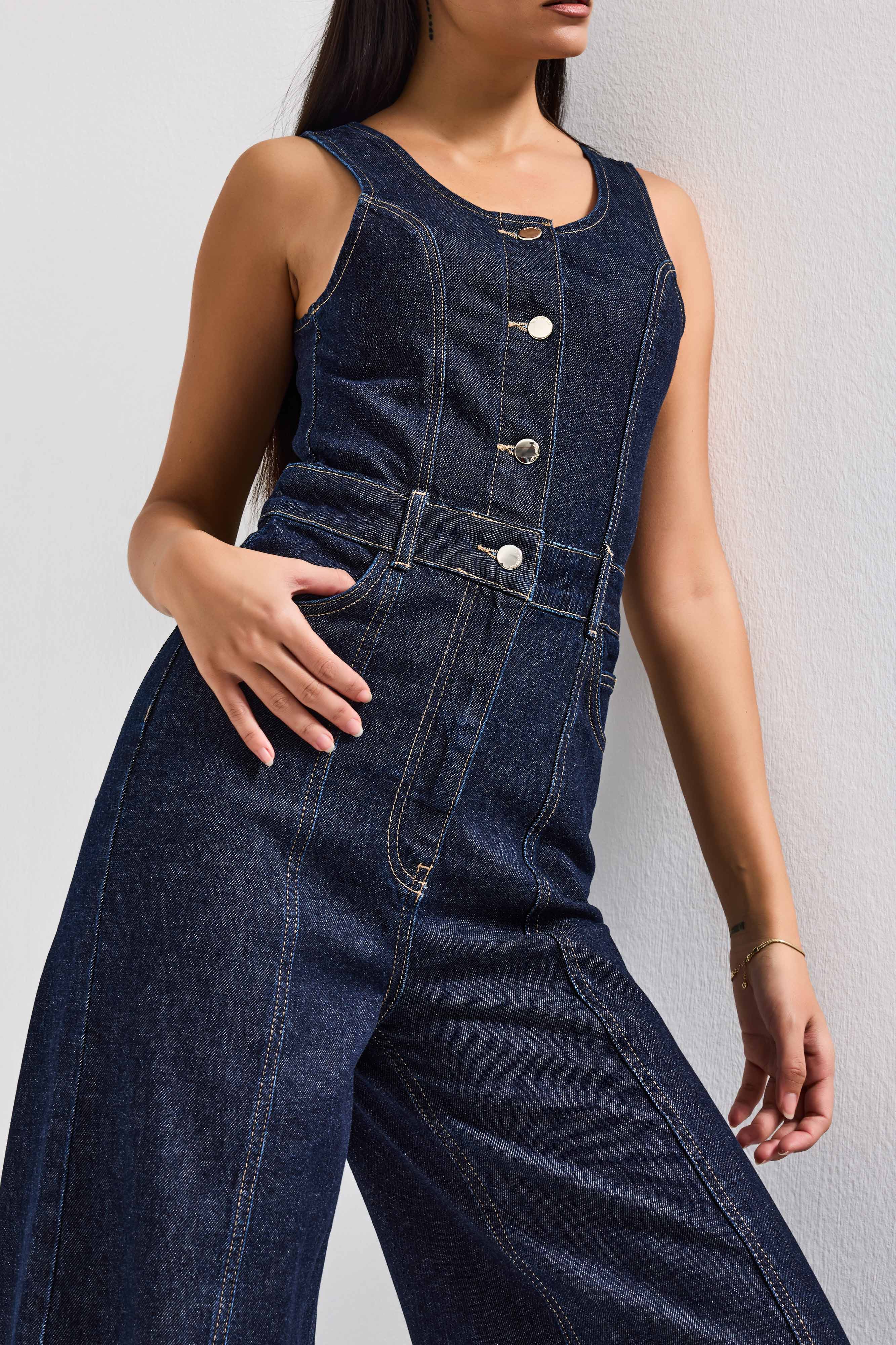 It's Basic Kadın İndigo Renk 7S6-50 Palazzo Fit %100 Pamuk Denim Salopet Tulum görsel 2