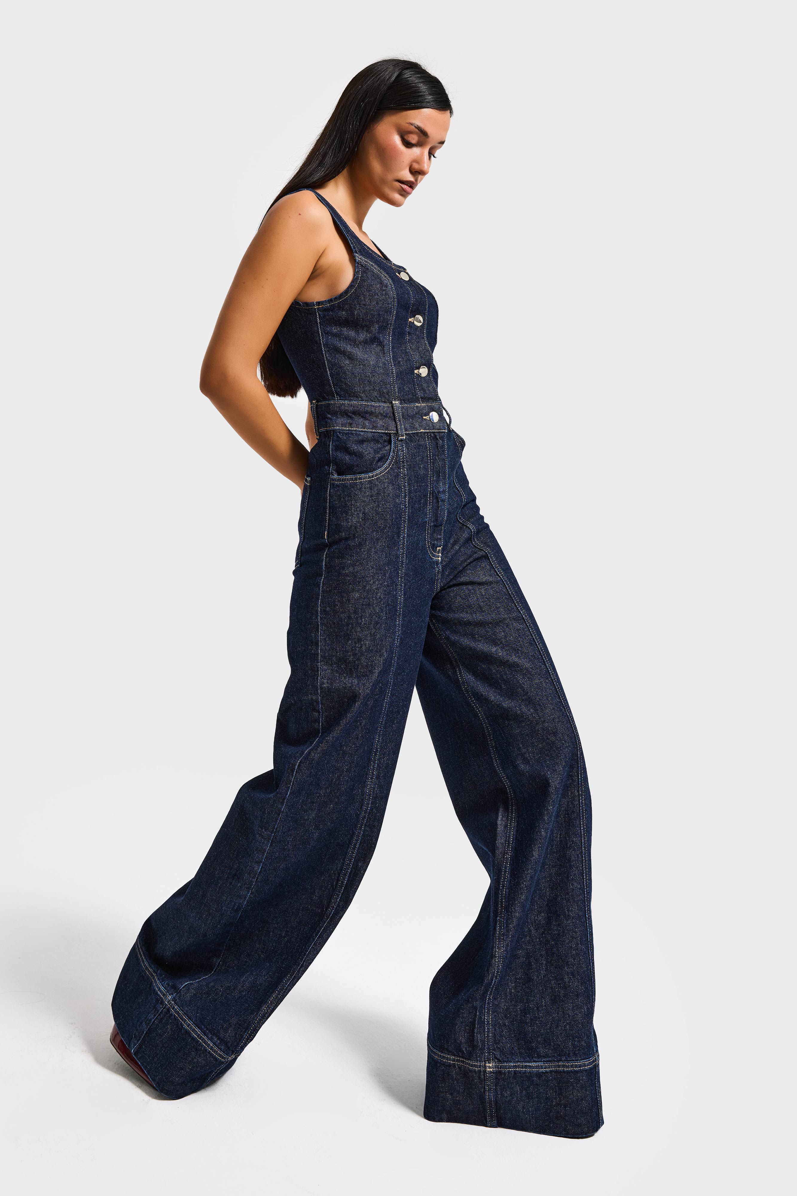 It's Basic Kadın İndigo Renk 7S6-50 Palazzo Fit %100 Pamuk Denim Salopet Tulum görsel 4