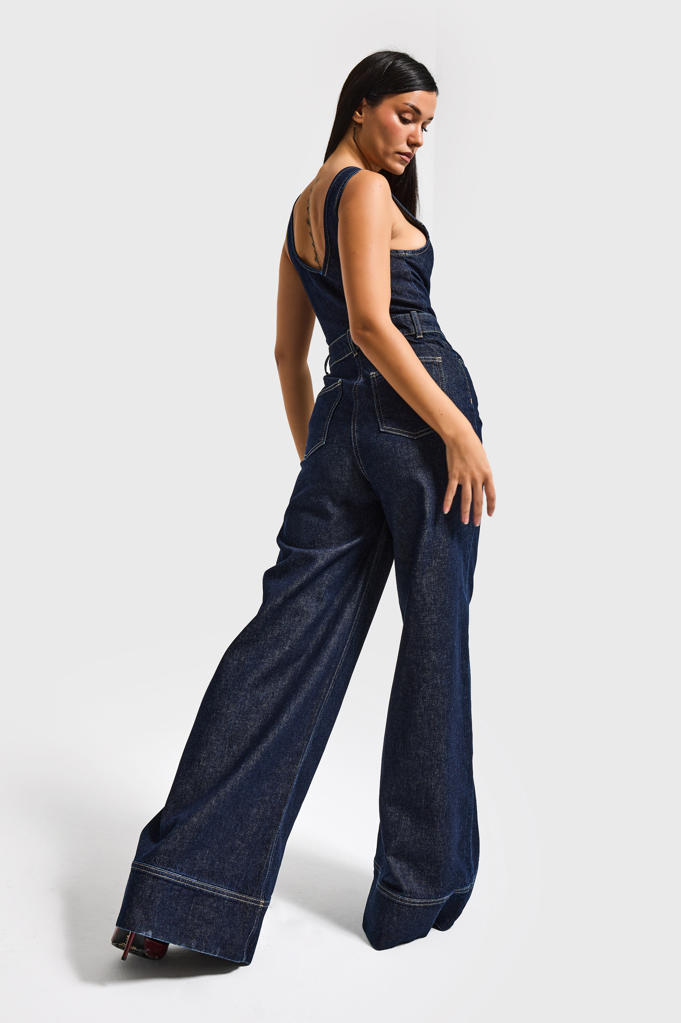 It's Basic Kadın İndigo Renk 7S6-50 Palazzo Fit %100 Pamuk Denim Salopet Tulum görsel 5