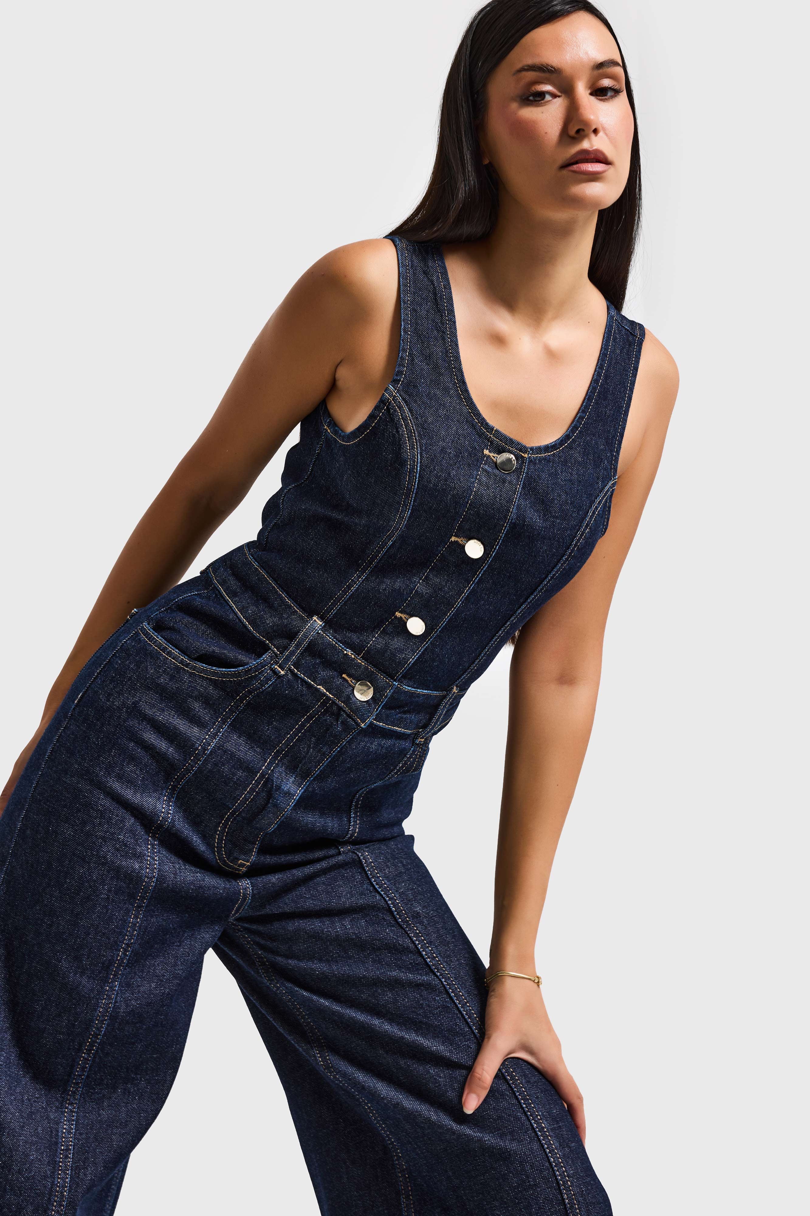 It's Basic Kadın İndigo Renk 7S6-50 Palazzo Fit %100 Pamuk Denim Salopet Tulum görsel 6