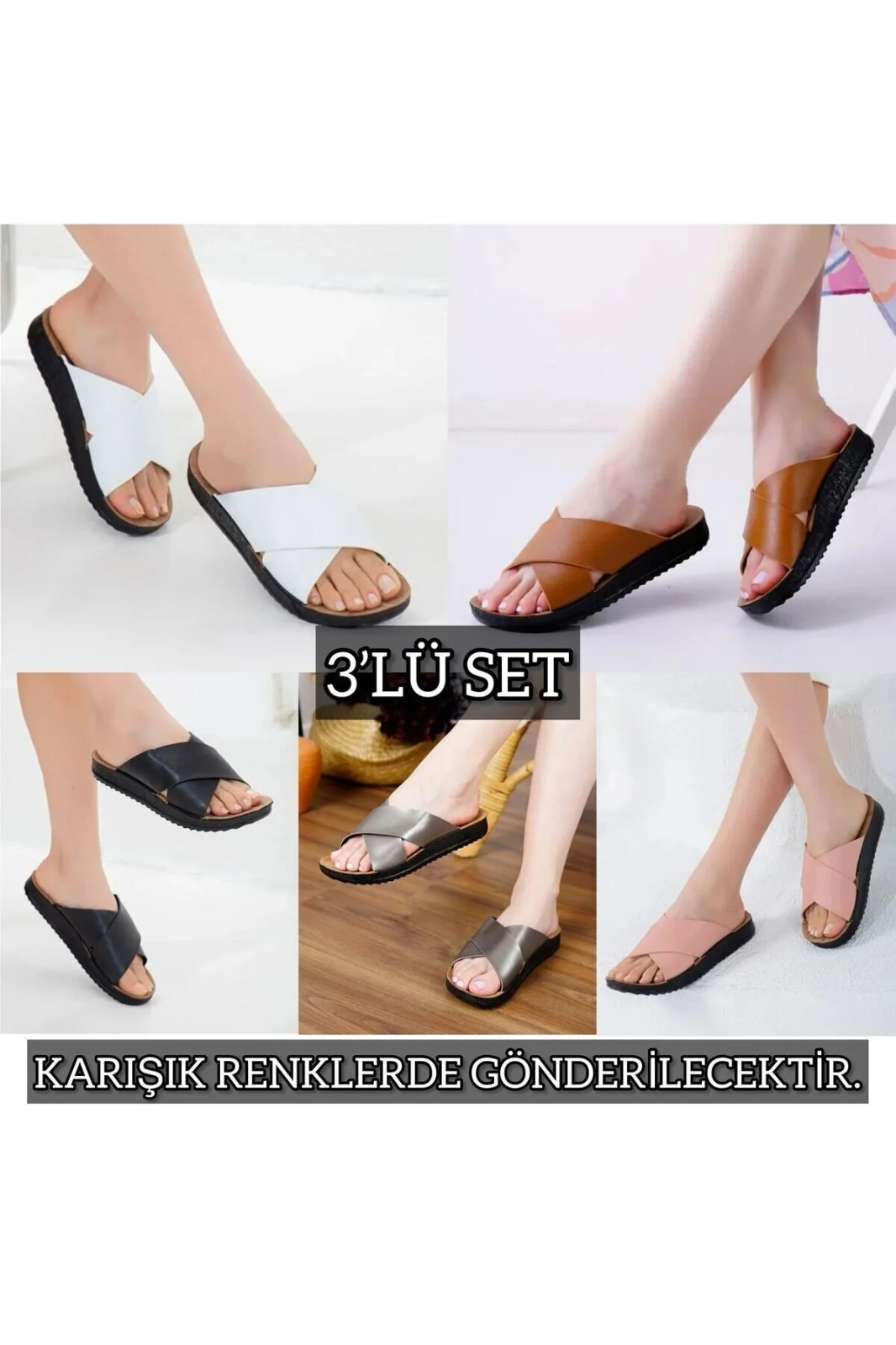 Slipcat 3'lü Kadın Kaymaz Sokak Plaj Banyo Yazlık Gündelik Terlik