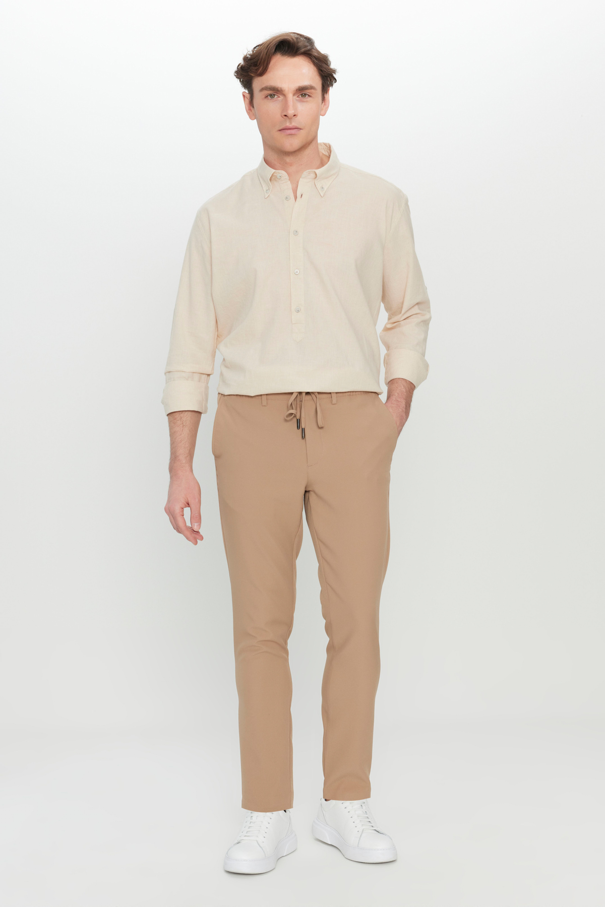 Altınyıldız Classics Erkek Bej Slim Fit Dar Kesim Beli Bağlamalı Yan Cepli Casual Pantolon görsel 3