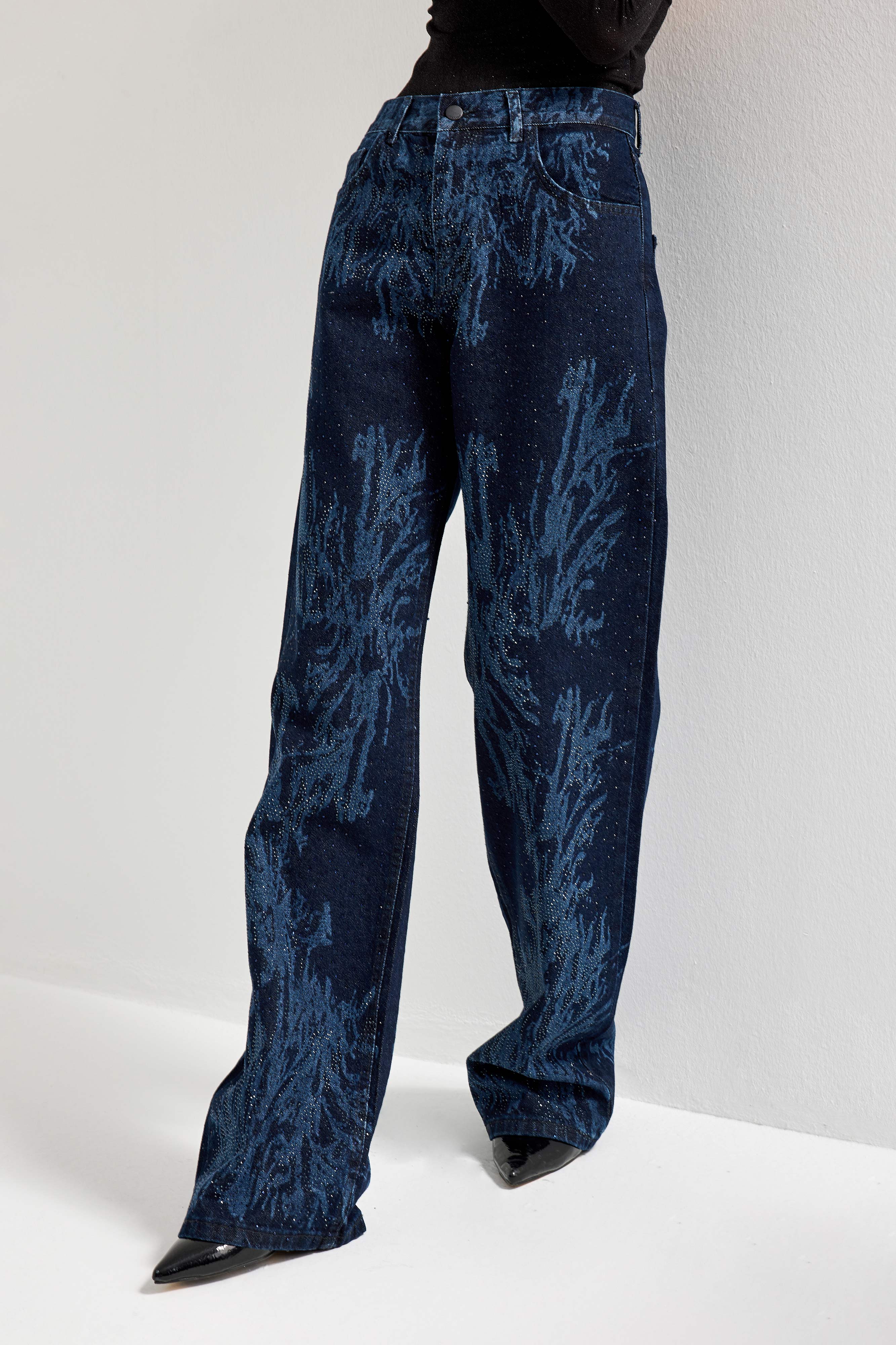 It's Basic Kadın Koyu Jean Rengi 9s6-5 Loose Fit Parlak Taşlı Özel Tasarım Denim Jean