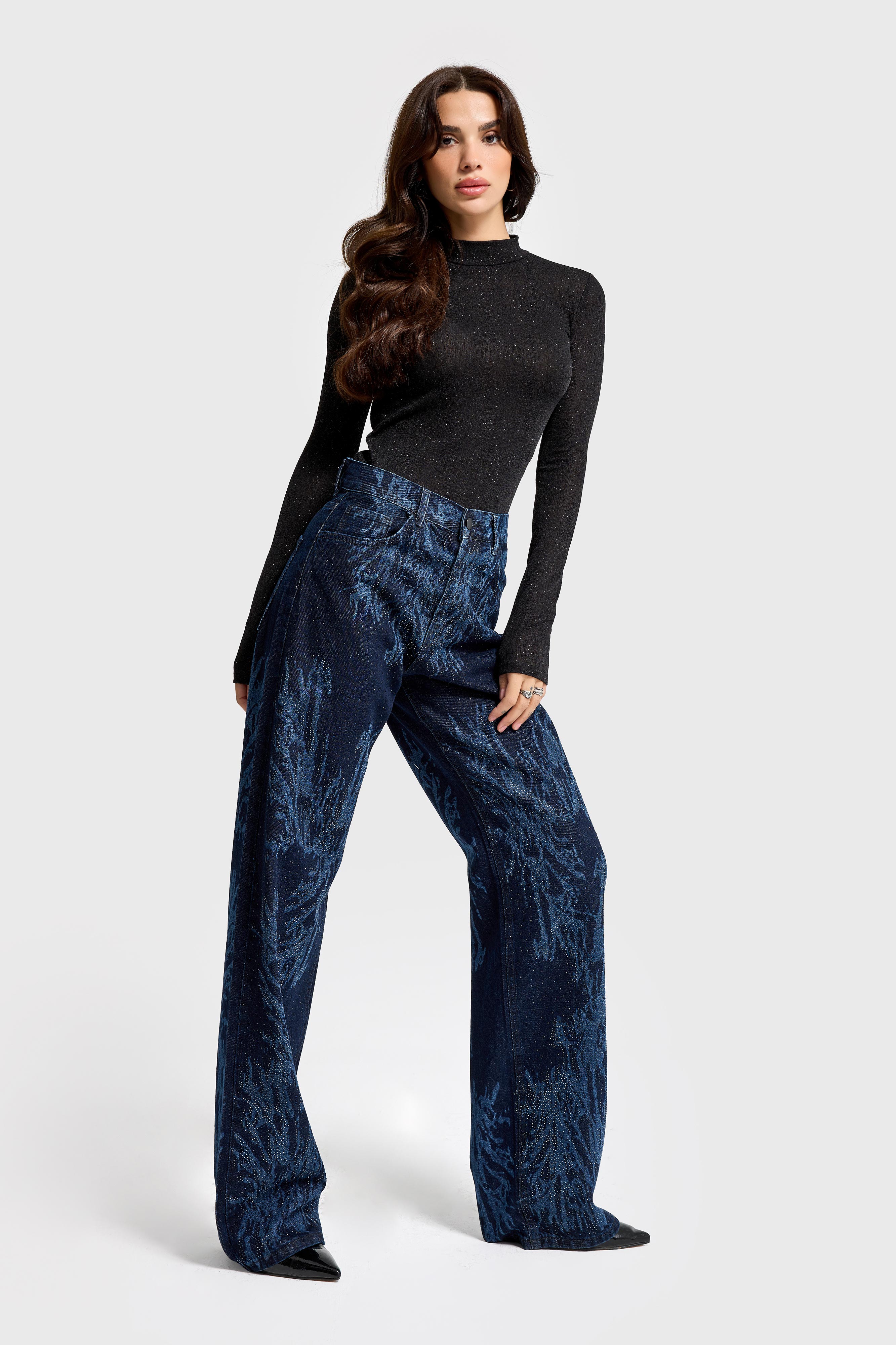 It's Basic Kadın Koyu Jean Rengi 9s6-5 Loose Fit Parlak Taşlı Özel Tasarım Denim Jean görsel 2