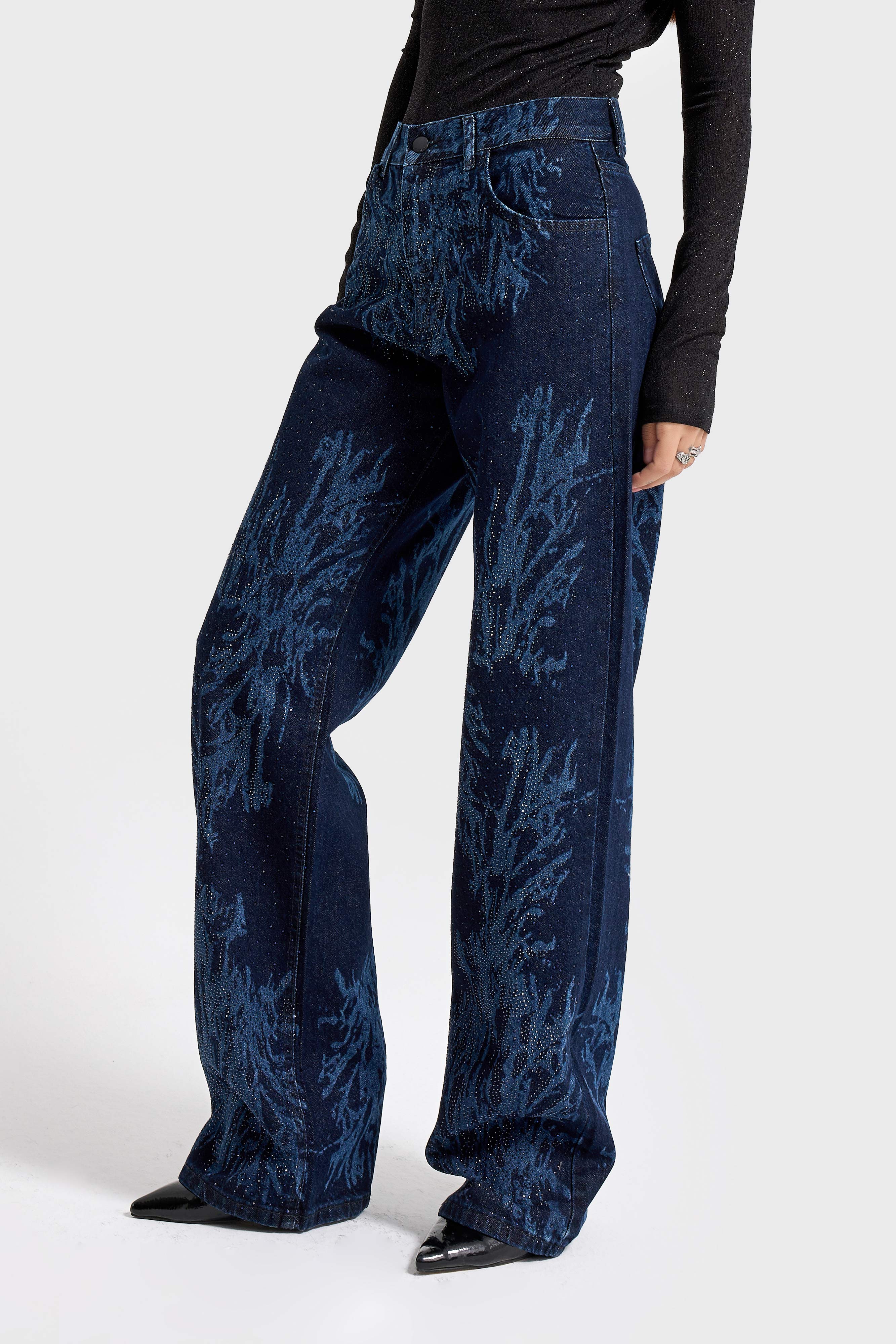 It's Basic Kadın Koyu Jean Rengi 9s6-5 Loose Fit Parlak Taşlı Özel Tasarım Denim Jean görsel 4