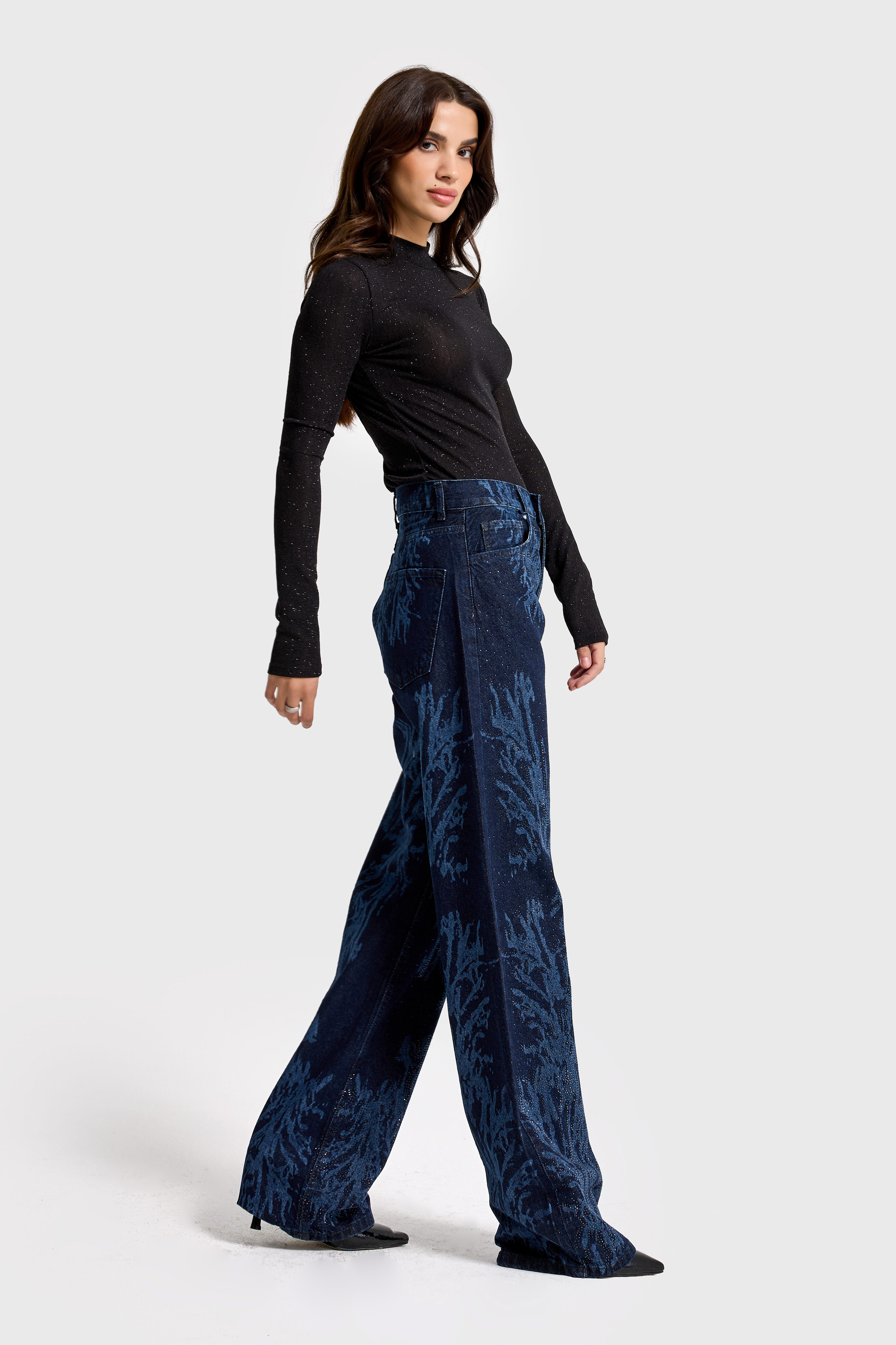 It's Basic Kadın Koyu Jean Rengi 9s6-5 Loose Fit Parlak Taşlı Özel Tasarım Denim Jean görsel 5
