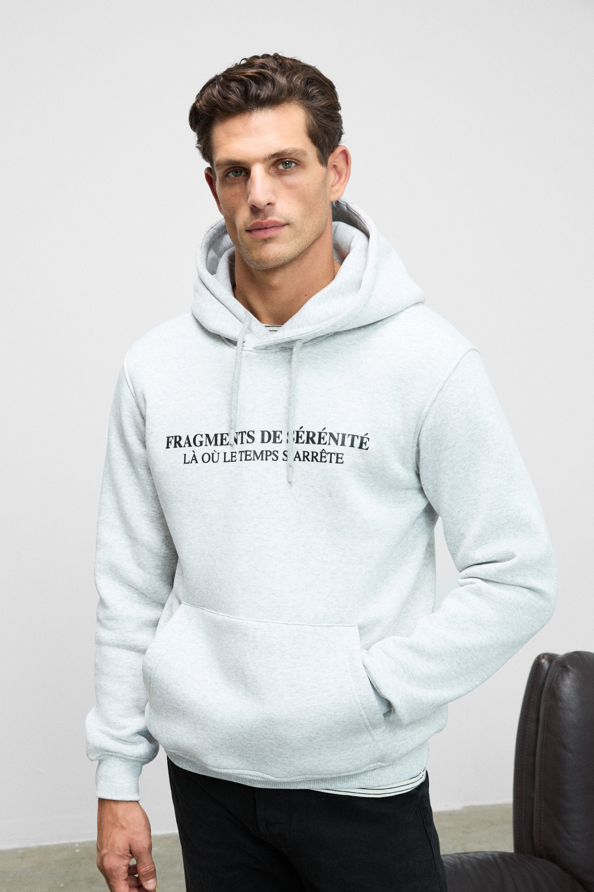 GRIMELANGE Erkek Önü Ve Kolları Baskılı Kapüşonlu Kordonlu Kanguru Cepli GRİ MELANJ Sweatshirt