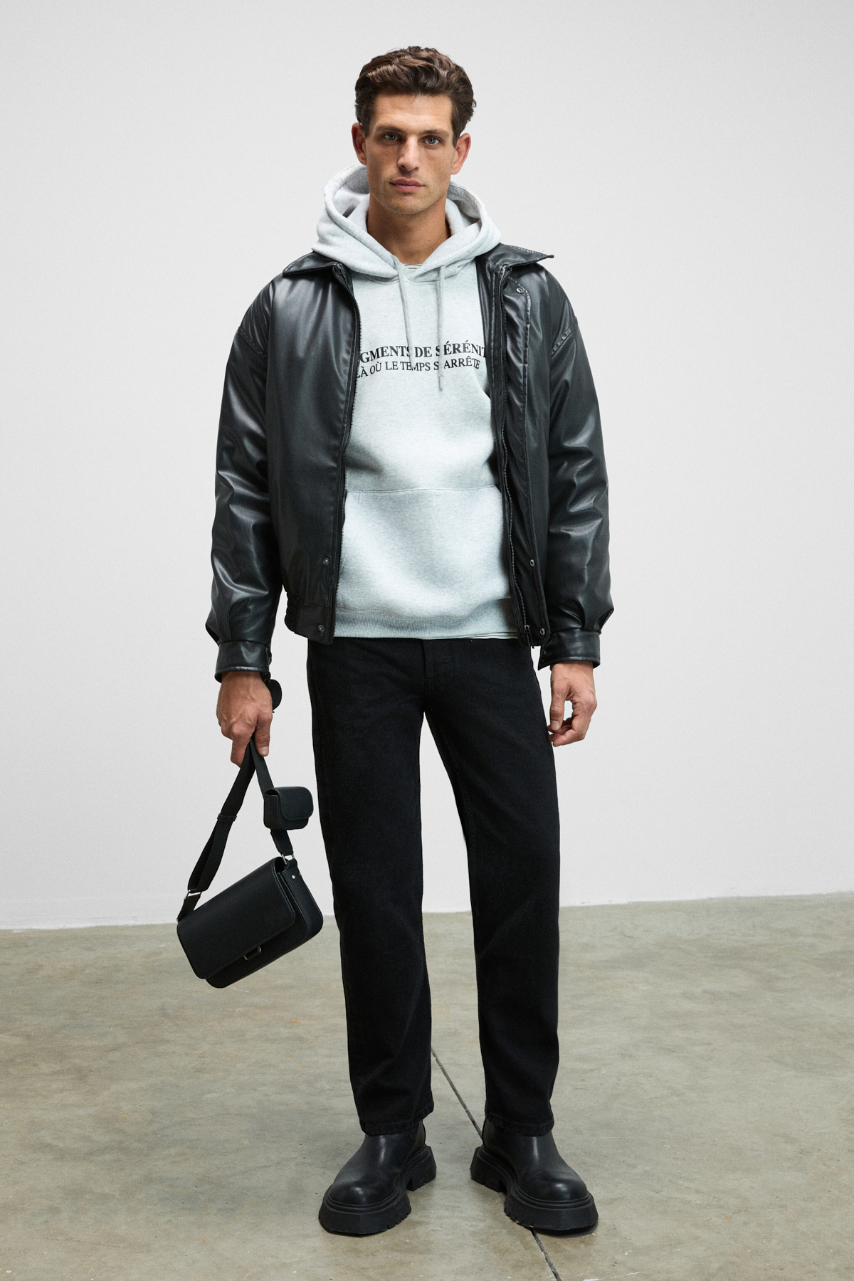 GRIMELANGE Erkek Önü Ve Kolları Baskılı Kapüşonlu Kordonlu Kanguru Cepli GRİ MELANJ Sweatshirt görsel 2