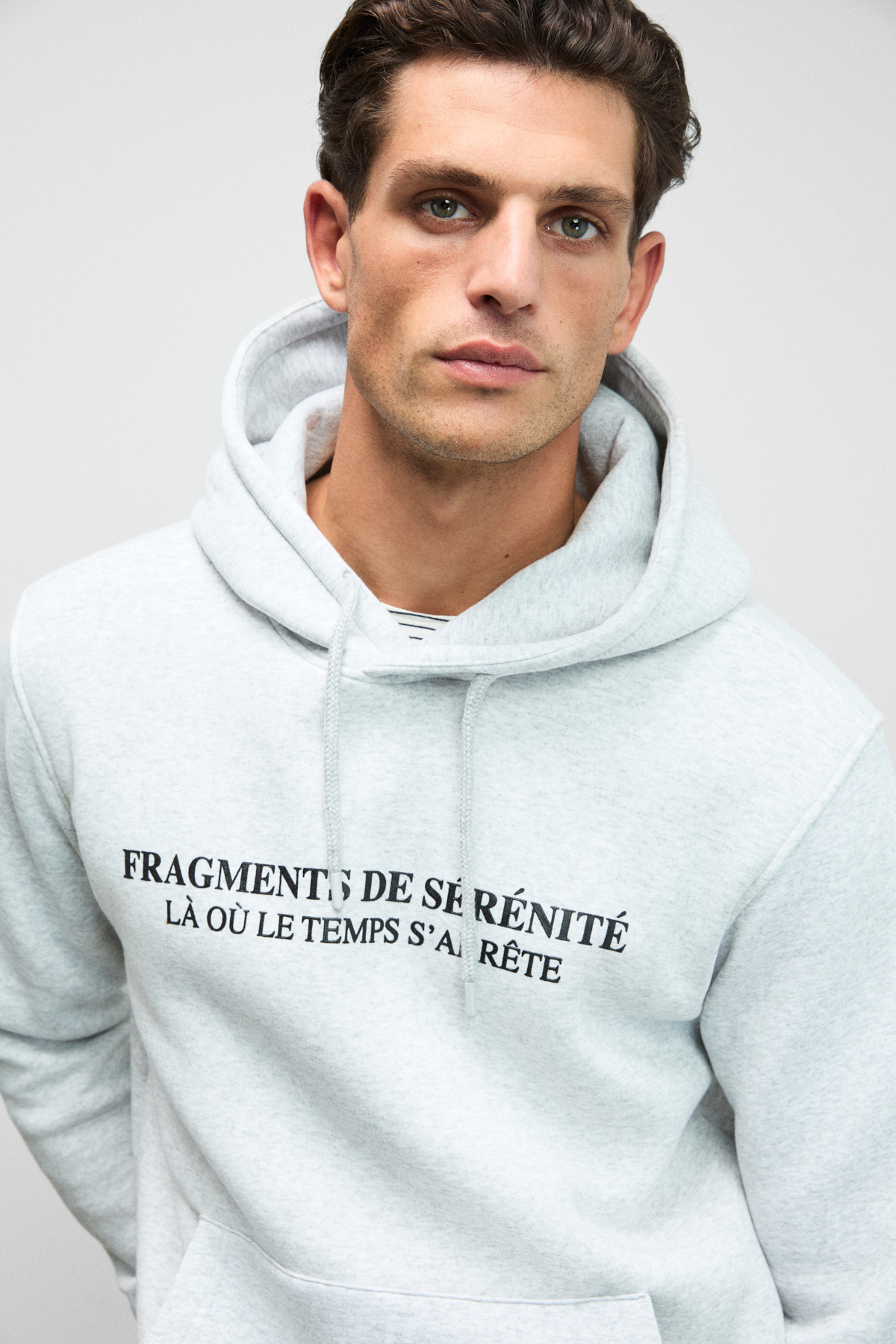 GRIMELANGE Erkek Önü Ve Kolları Baskılı Kapüşonlu Kordonlu Kanguru Cepli GRİ MELANJ Sweatshirt görsel 3