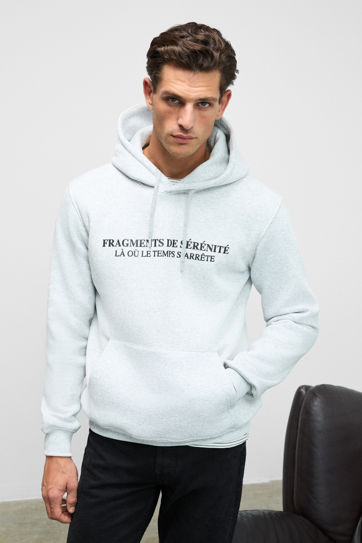 GRIMELANGE Erkek Önü Ve Kolları Baskılı Kapüşonlu Kordonlu Kanguru Cepli GRİ MELANJ Sweatshirt görsel 5