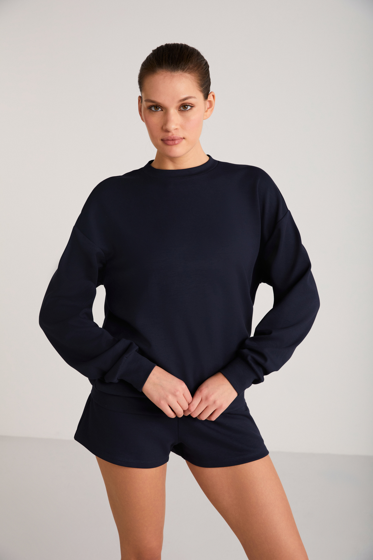 ETHIQUET MAİSİE Kadın Scuba Kumaşlı Aşırı yumuşak Yuvarlak Yakalı Oversize LACİVERT Sweatshirt